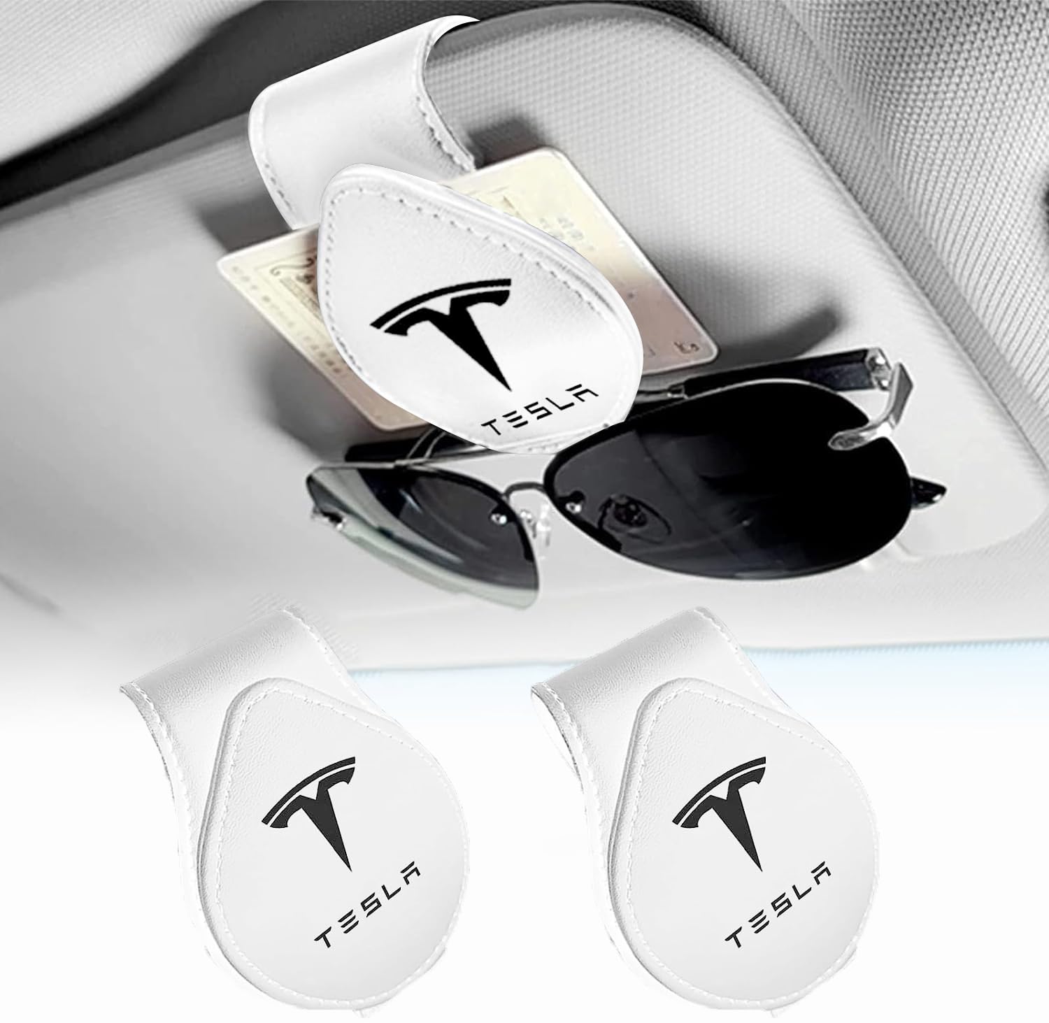 ONKENTET 2 Pack Sunglasses Holder Compatible with Tesla Model 3 Y X S Semi Cybertruck Leather Magnetic Glasses Mount Holder Eyeglasses Sunglasses Clip Visor Sunglass Holder Accessories (White)