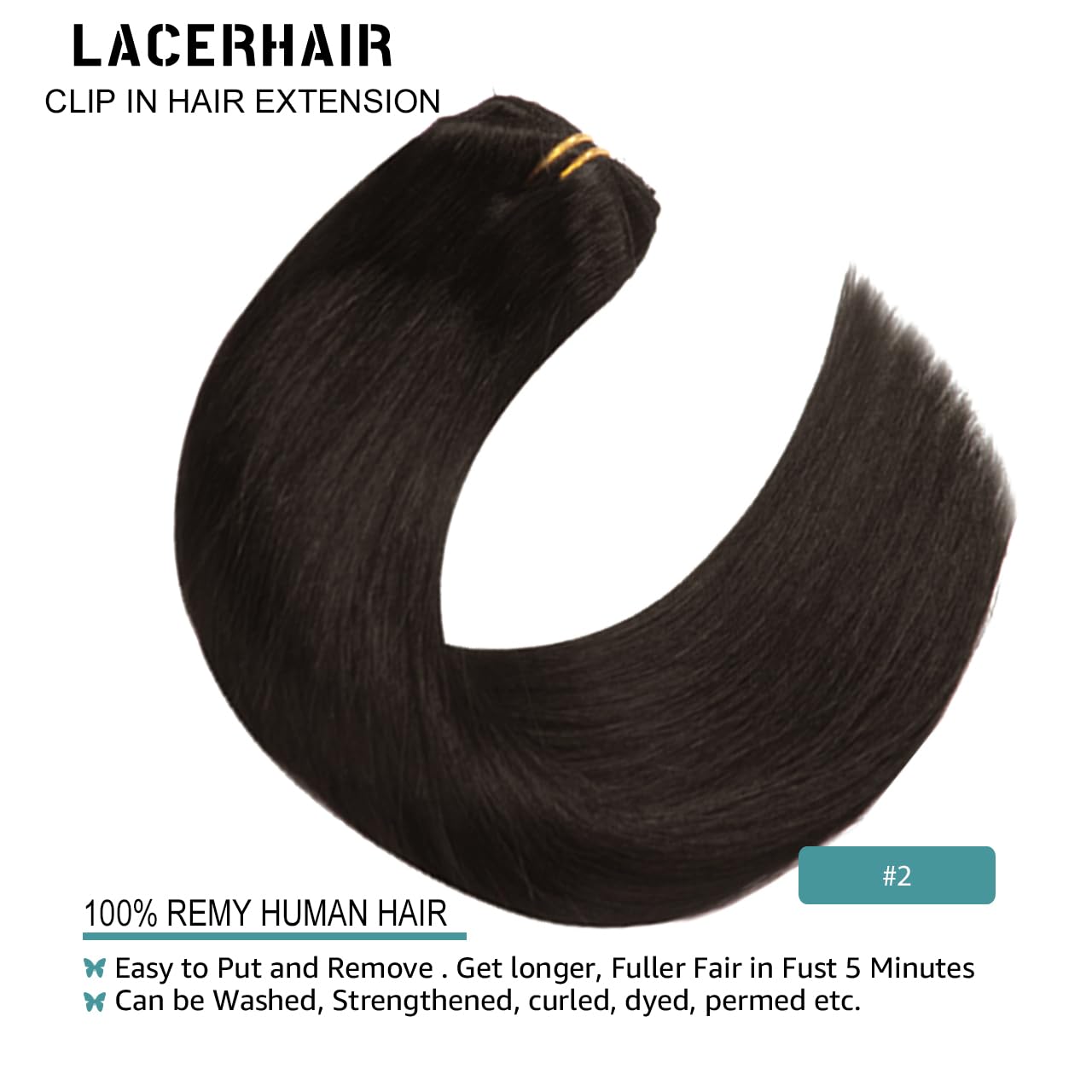Lacer Brown Hair Extensions Clip in Human Hair 120g 7 pcs Double Weft Straight Lace Clip in Hair Extensions in Darkest Brown #2 14 Inch Full Head Set Clip Ins
