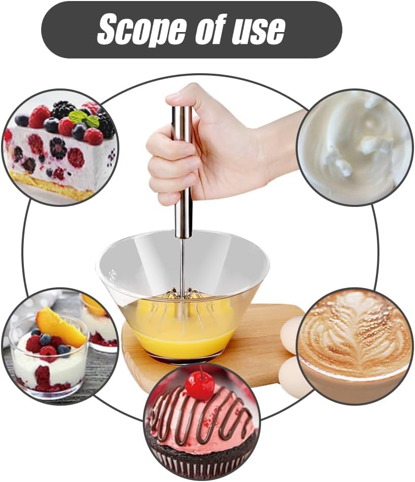 Semi-Automatic Egg Whisk, Upgraded Egg Whisk Hand Easy Push Rotary Whisk Blender, Stainless Steel Home Kitchen Tool for Blending, Whisking, Beating & Stirring (10 inch)