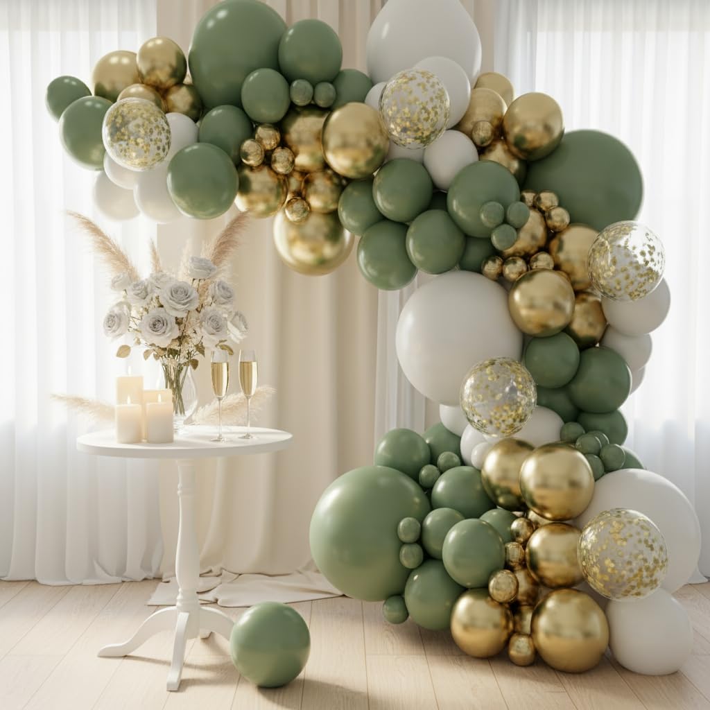 Balloon Garland Arch Kit – 146 Pcs Sage Green, White, Metallic Gold & Confetti Balloons for Baby Shower, Birthday, Gender Reveal, Wedding Party – DIY Kit by Vellax™