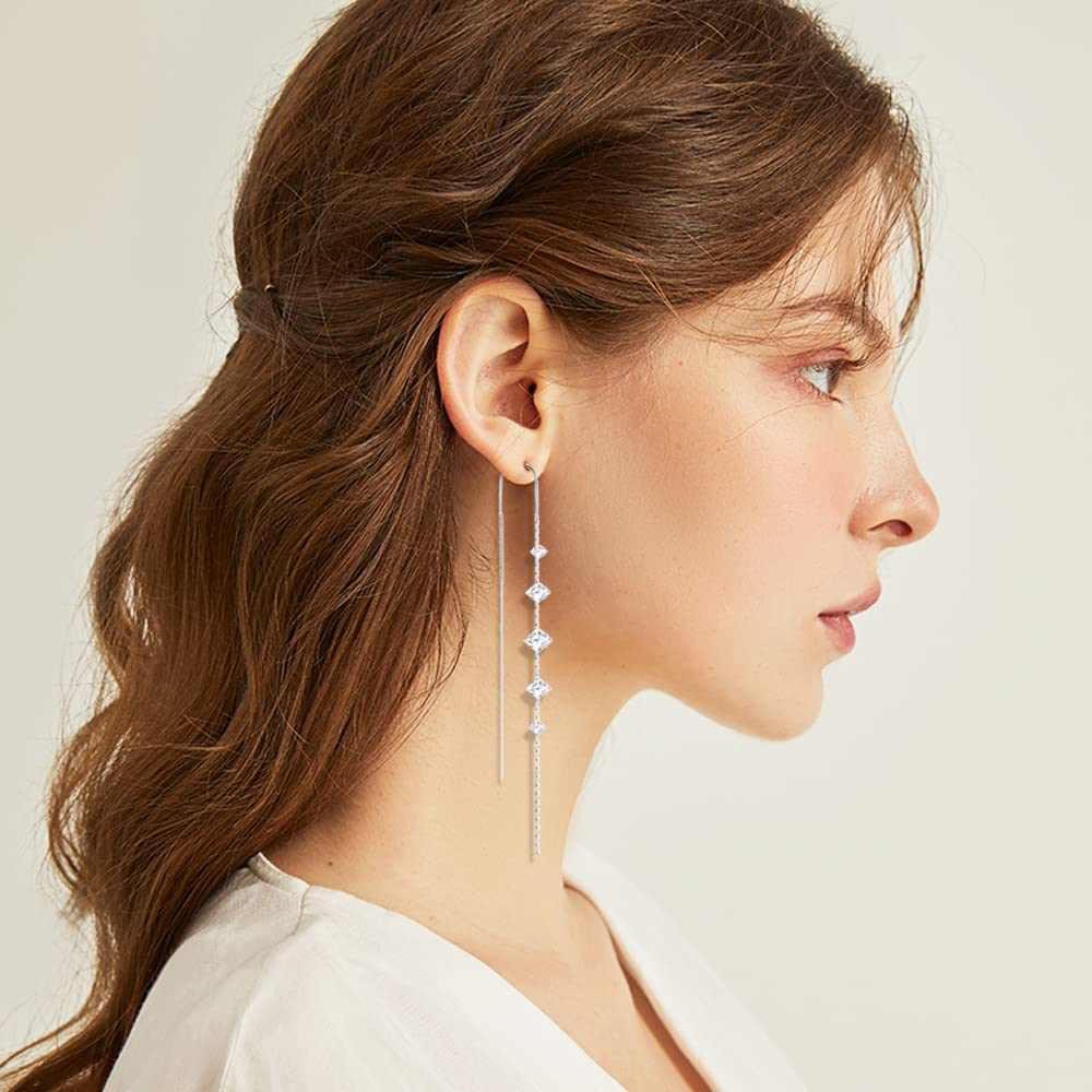 Threader Earrings for Women 925 Sterling Silver Plated Cubiz Zirconia Long Dangle Drop Earrings for Teen Girls