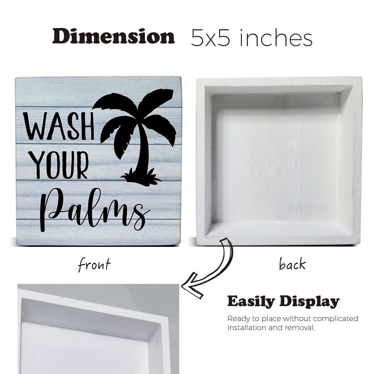 Wash Your Palms Wooden Box Sign Desk Decor, Bathroom Quote Wood Box Sign for Home Bathroom Shelf Table Decoration 5 X 5 Inch