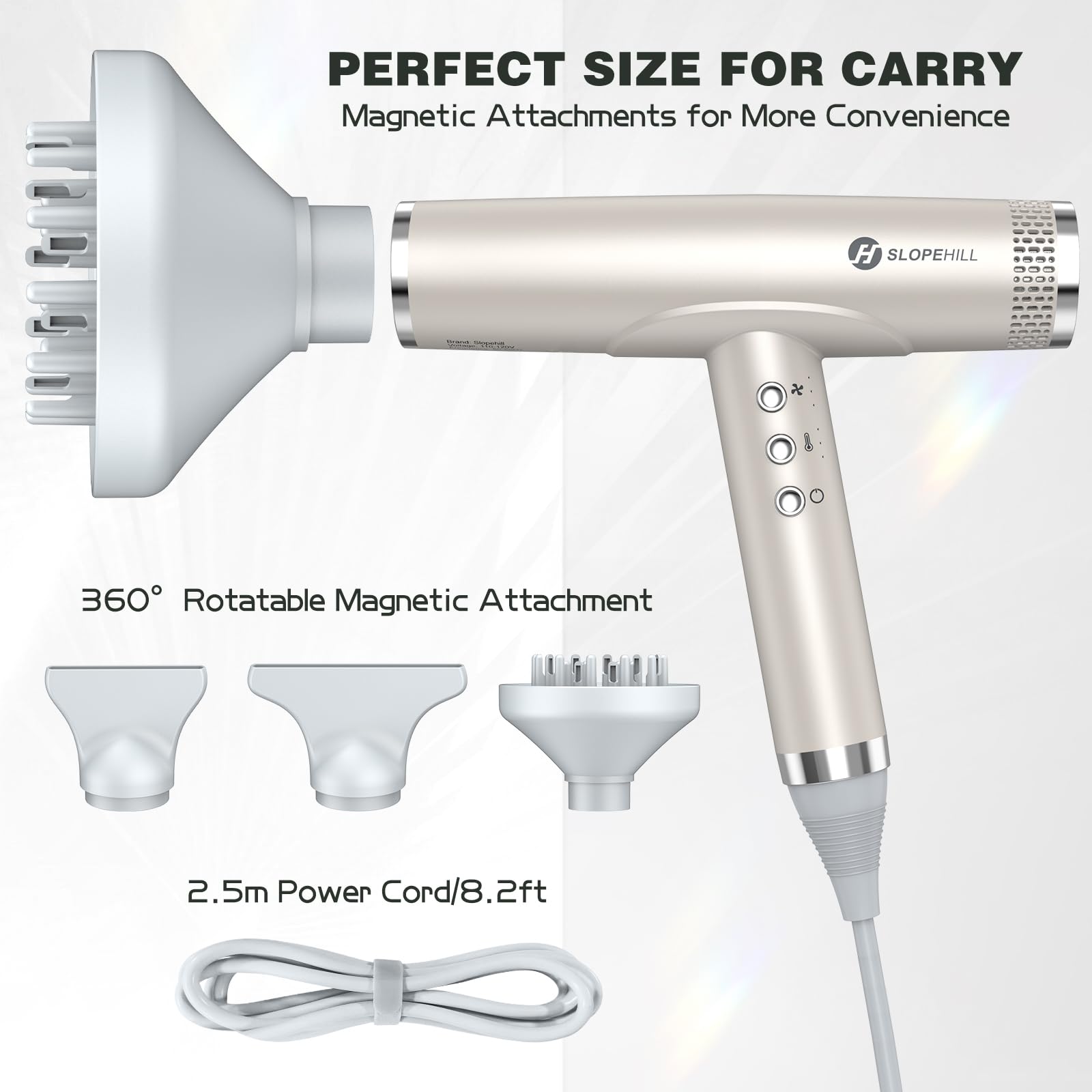 slopehill Professional Hair Dryer with Diffuser, Ionic Hair Dryer,Lightweight Compact Powerful & Fast Salon Blow Dryer with High Speed Brushless Motor, Travel Hair Dryer, Women & Men (Ceramic, Stone)