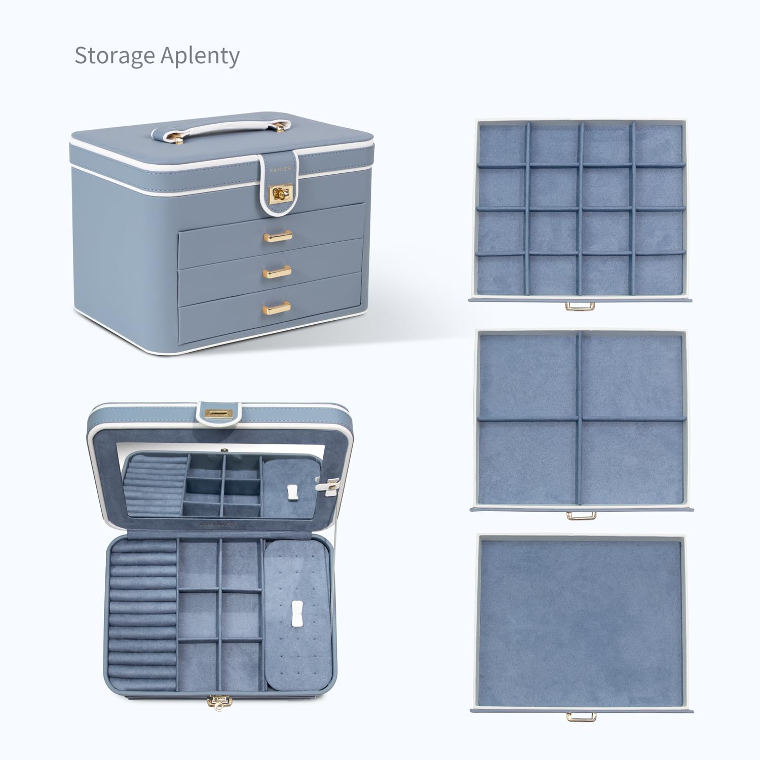 KAMIER Jewelry Organizer Box,4-Layer Jewelry Box for Women with Lock and Mirror, Jewelry Storage Box for Earrings Bracelets Rings Necklaces.Bluish Grey