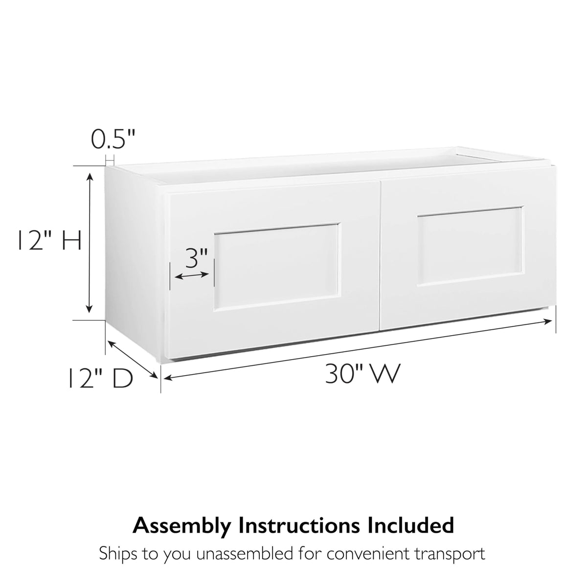 Brookings Shaker Unassembled Bridge Wall Kitchen Cabinet W3012, 30 W x 12 D x 12 H, Painted White, Solid Wood, Design House, 561621