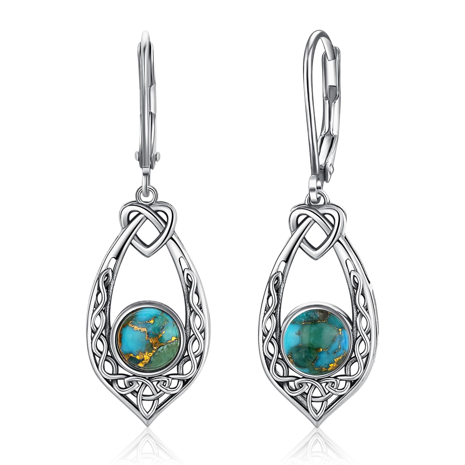 Yaresul Celtic Knot Turquoise Earrings for Women, Vintage 925 Sterling Silver Turquoise Dangle Earrings Celtic Knot Leverback Earrings Valentines Earrings Gifts