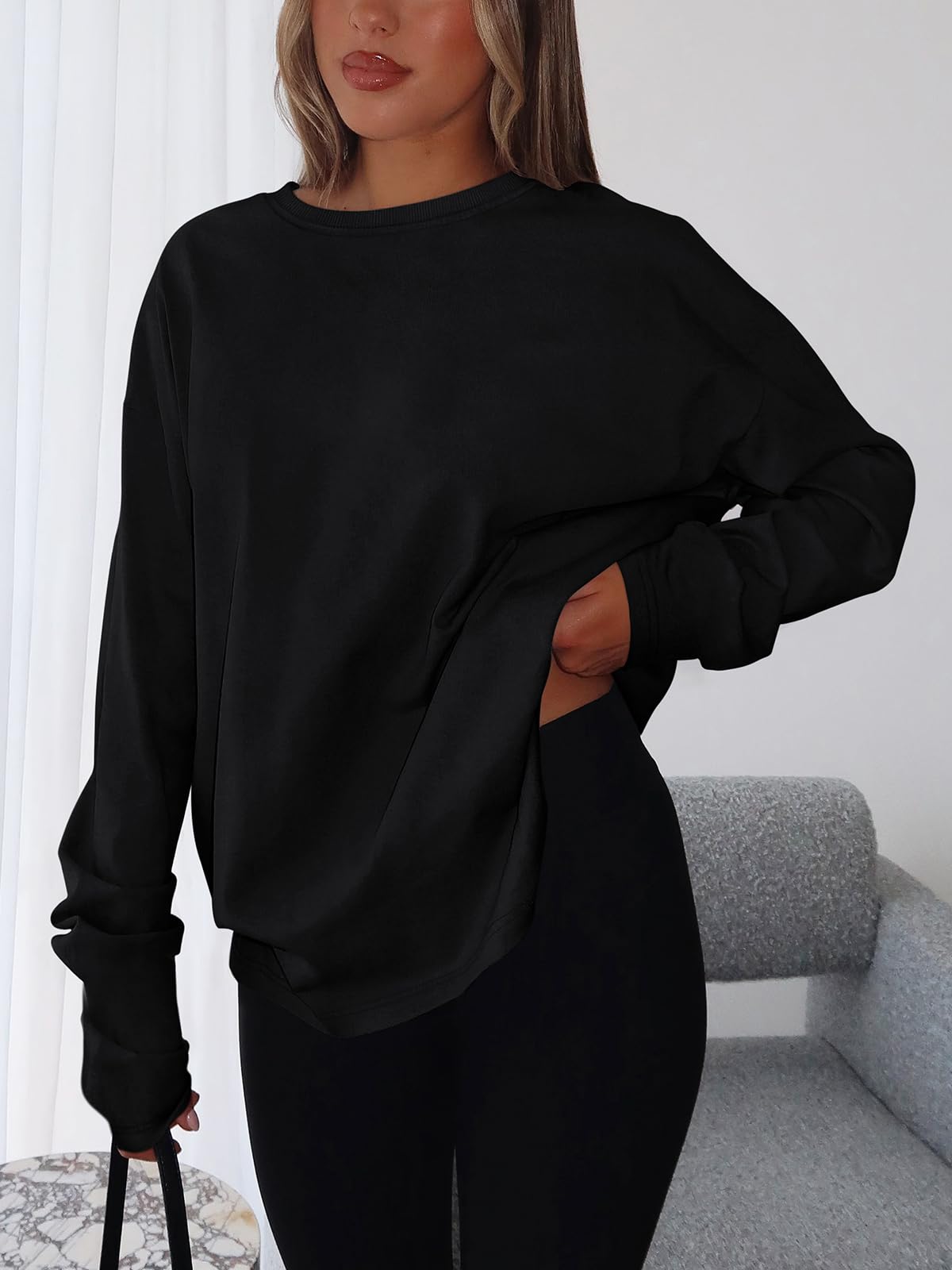 REORIA Women's Oversized Y2K Long Sleeve T-Shirt Crewneck Fall Casual Tee Basic Workout Top Trendy Winter Clothes 2025(Black Medium)