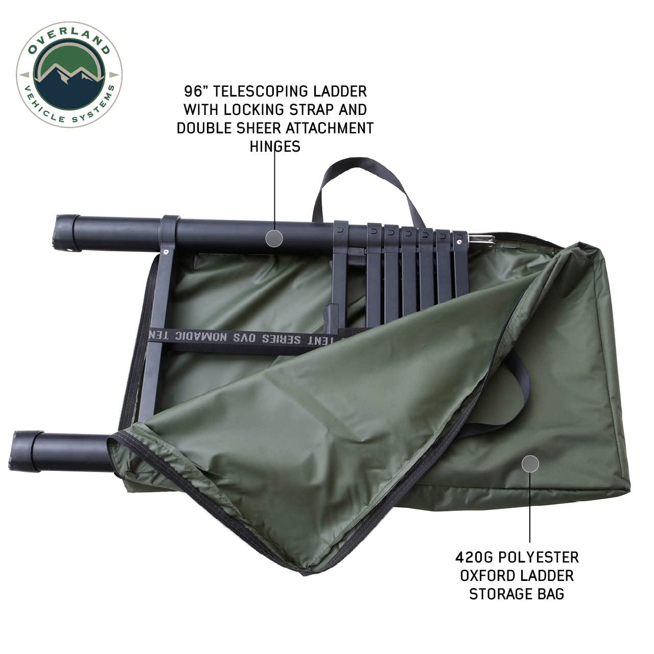 Overland Vehicle Systems HD Nomadic 3 Extended Soft Shell Roof Top Tent - Dark Gray Base with Green Rain Fly & Black 1000G PVC Travel Cover - Black Aluminum Base