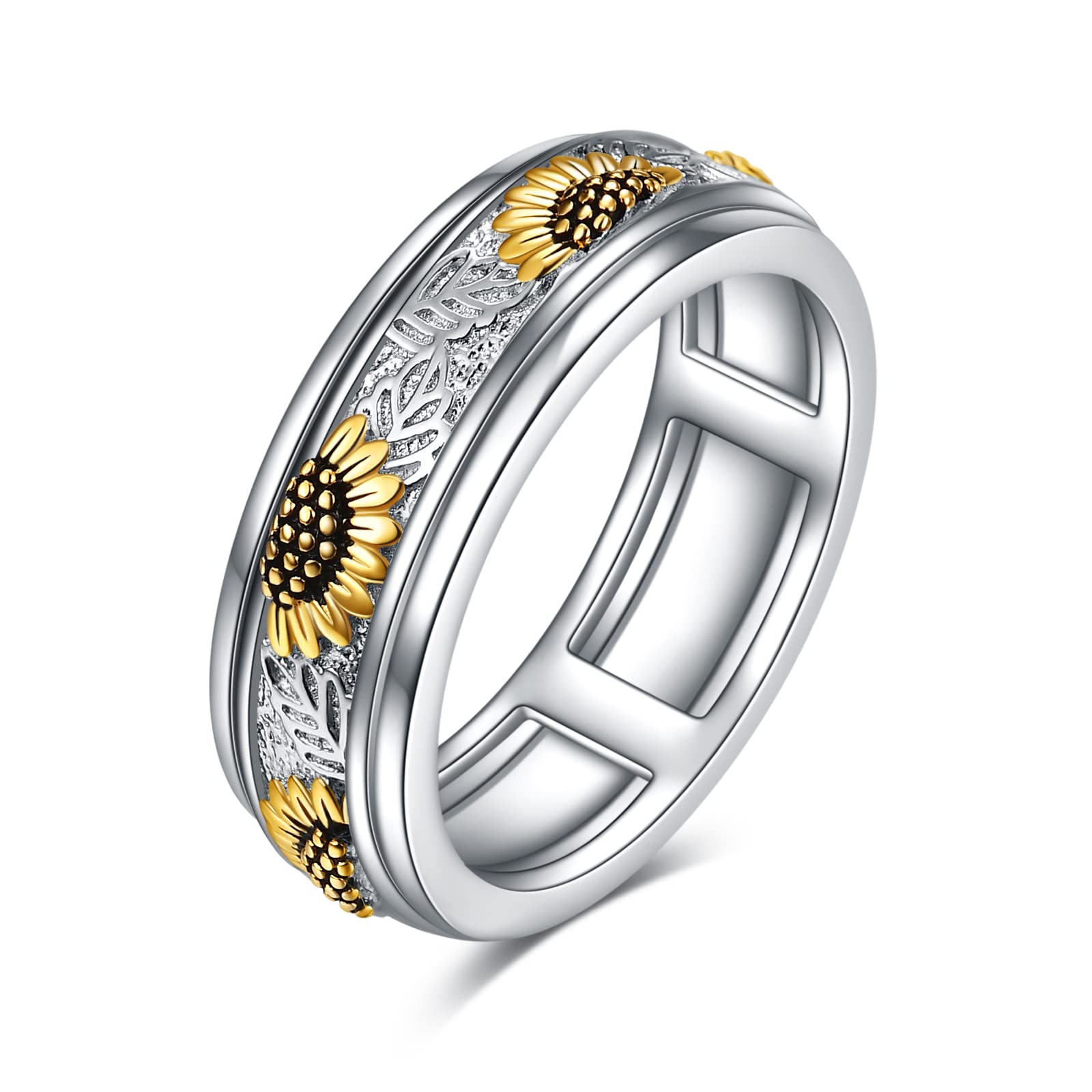 POPLYKE Sterling Silver Sunflower Flower Anxiety Spinner Rings Rotatable Mood Rings for Women Men Relieve Stress Gift(6 Size)
