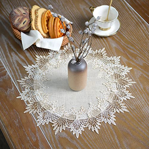 ARTABLE Grey Lace Doily Linen Table Topper Scarf Placemat Round Small Coffee Farmhouse Table Cover Rustic for Kitchen Home Dining (Stone Grey, 15 Inch Round)