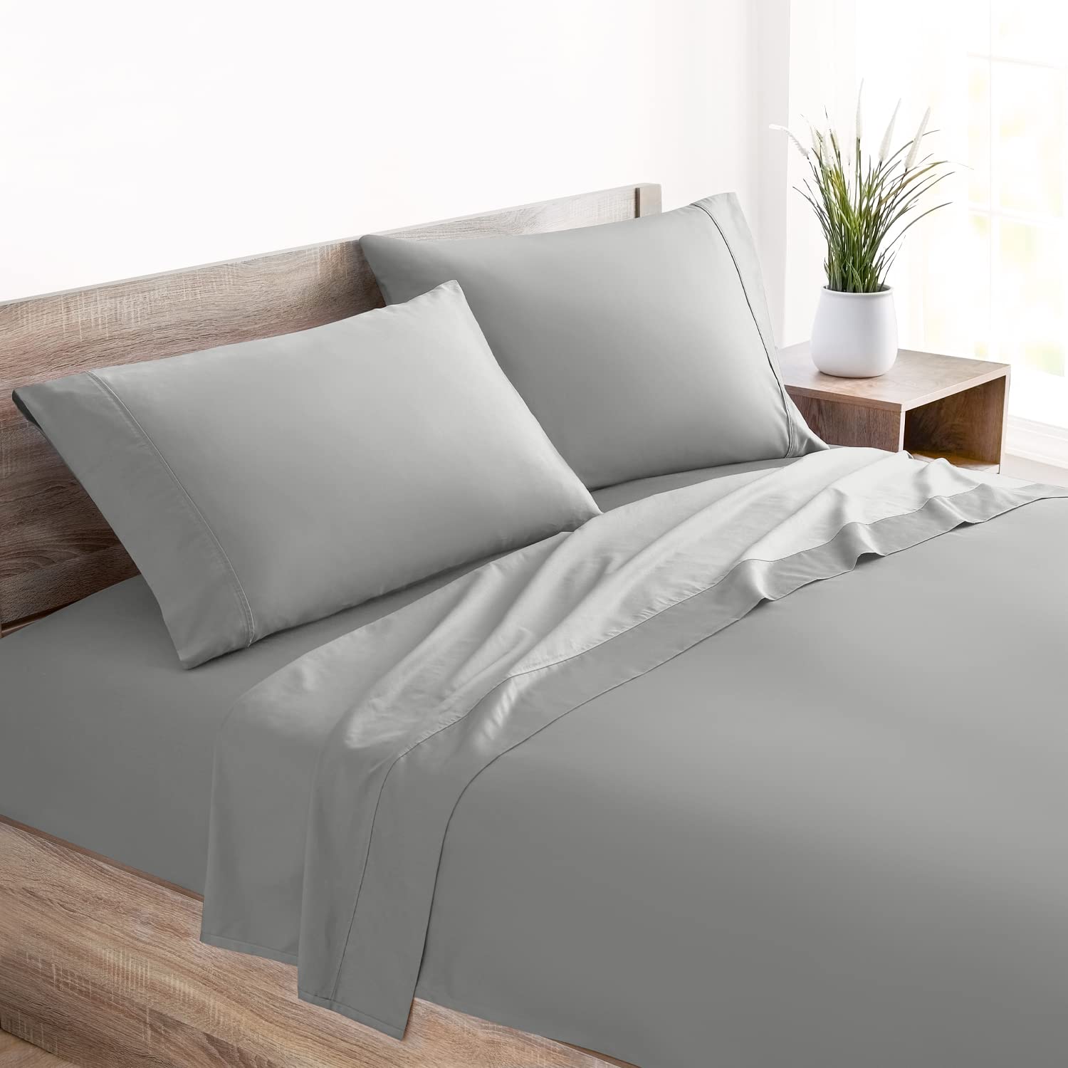 Mellanni 400 Thread Count Cotton Sateen Bedding Set - 4 Piece White Bed Sheets Set - Fits Mattresses up to 16" Deep - Cooling Sheet for Hot Sleepers (Queen, Light Gray)