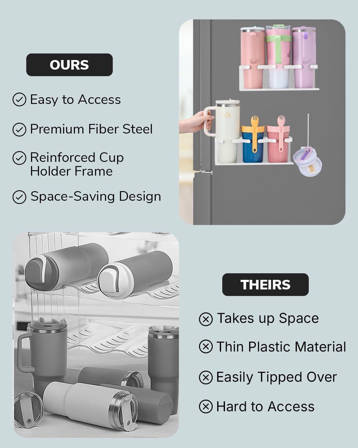 HAMARA Fiber Steel Magnetic Stanley Cup Holder for Fridge ā 3-Pack Tumbler & Lid Organizer, Heavy-Duty Water Bottle Storage, Kitchen & Pantry Organizer for Stanley Cup Accessories (White)