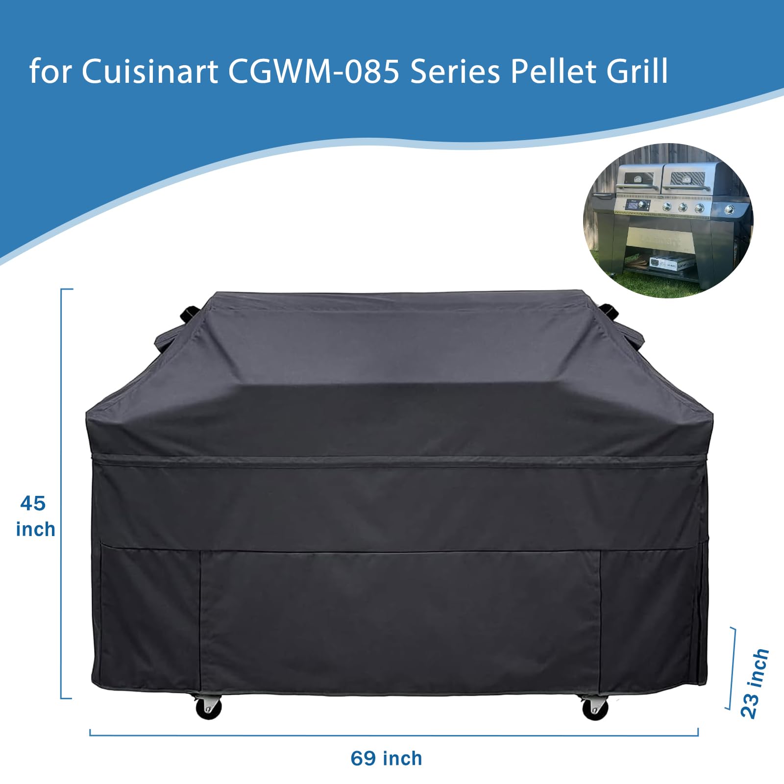 Blackhoso 69" Waterproof 600D Grill Cover Fits for Cuisinart CGWM-085 Series Pellet Grill Parts, Heavy Duty Grill Cover Anti-UV, Fade Resistant, Murable Rip-Resistant Polyester, 69" x 23" x 45"