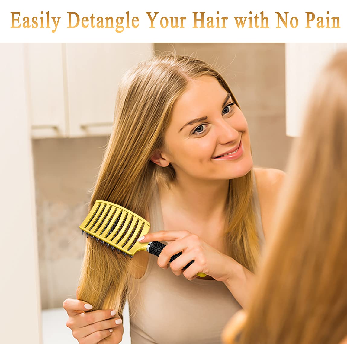KTKUDY Detangling Brush Getting Knots Out without Pain - Boar Bristles Hair Brush Make Hair Shiny & Healthier Vented Detangler Brush for Women Men Kids Wet and Dry Hair (Yellow & Gold)
