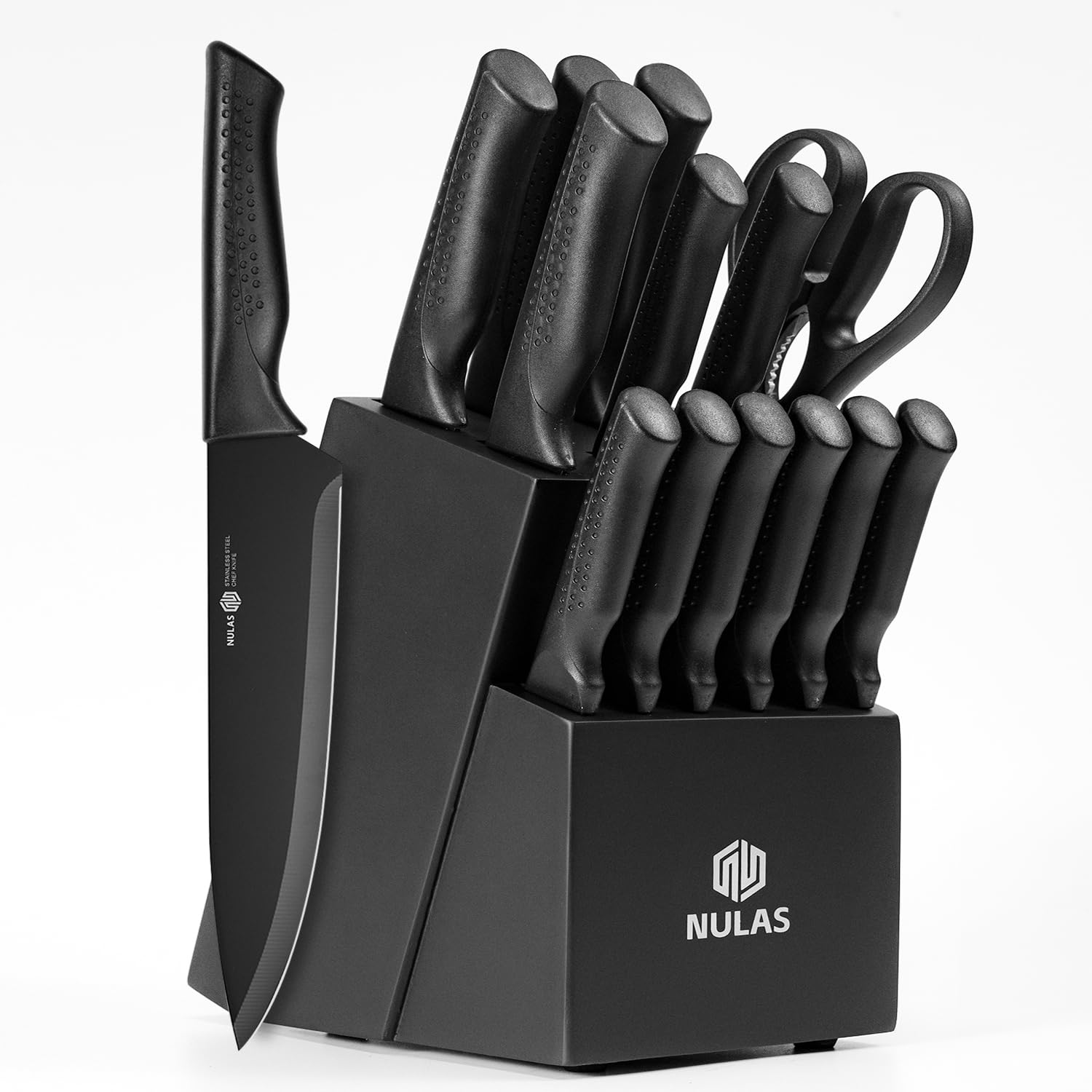 NULAS Knife Set, 15-Piece Kitchen Knife Set with Block and Built-in Sharpener, Dishwasher Safe, Non-slip Handle, 6 Steak Knives, Black
