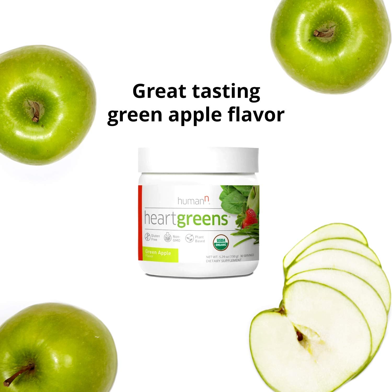 humanN HeartGreens | Superfood Organic Powder with Wheatgrass, Kale, Spinach, and Spirulina, USDA Organic Non-GMO, from The Makers of SuperBeets (Green Apple Flavor, 5.29-Ounce