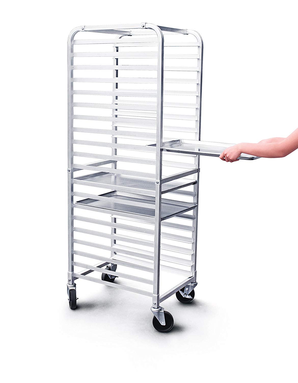 New Star Foodservice 36527 Commercial-Grade Aluminum 20-Tier Sheet Pan/Bun Pan Rack, 26" L x 20" W x 69" H with Brake Wheels Silver