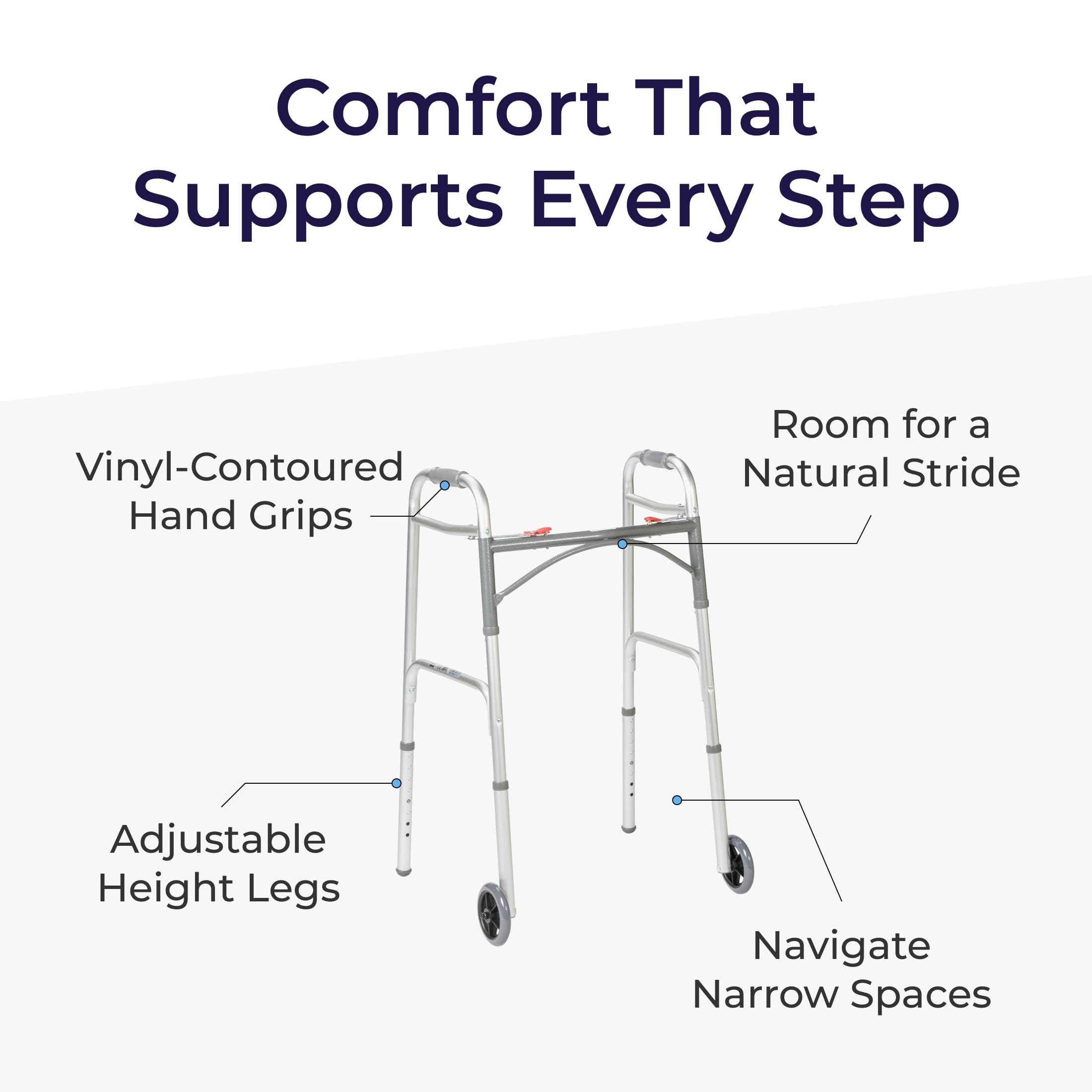 Drive Medical Two-Button Folding Walker w/ Wheels - Lightweight Rolling Mobility Support - Desk Arms - Adjustable Height - Dual Push-Button Operation - 5 Inch Front Wheels - Durable Aluminum - Silver