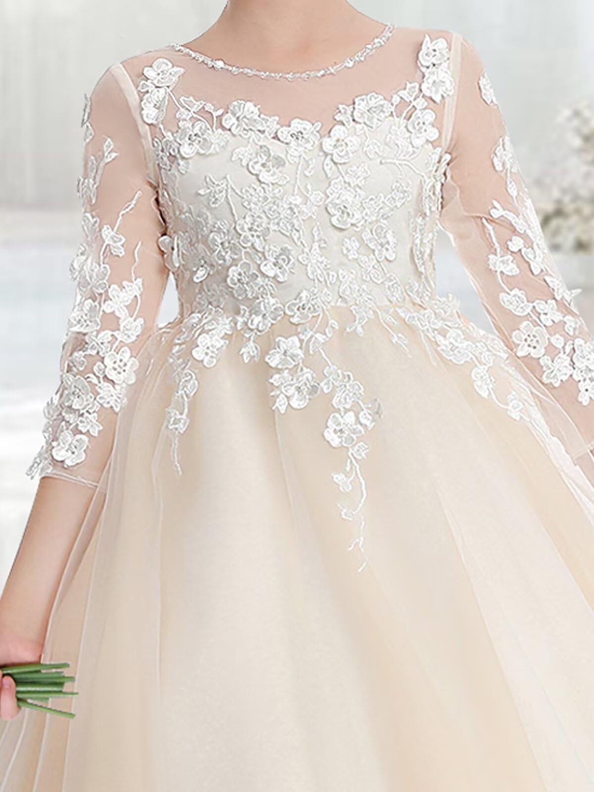 MXODI White Lace Applique Flower Girl Dresses for Wedding Party Gowns A Line Floor Length First Communion Dress with Long Sleeve Puffy Tulle Girla Wedding Dress White Size 2