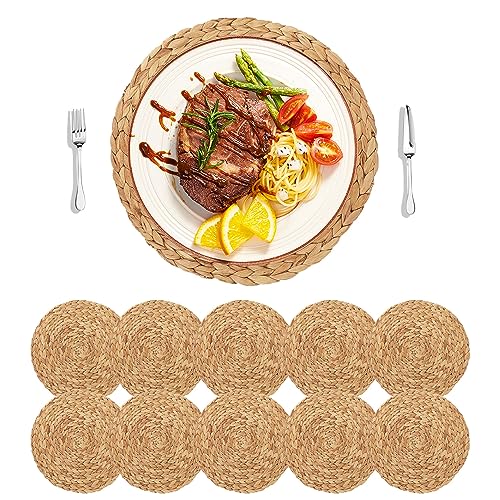 HomeDo Large Round Woven Placemats Set of 4 for Dining Table, Water Hyacinth Straw Braided Placemat, Heat Resistant Non-Slip Weave Placemats Handmade (Water Hyacinth-4pack, Round 11.8")