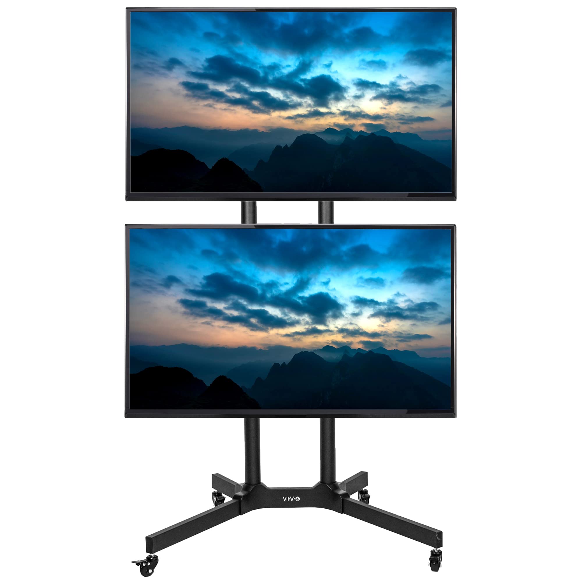 VIVO Mobile TV Cart for 32 to 65 inch Dual Screens up to 70 lbs Each, LCD LED OLED 4K Smart Flat and Curved Panels, Rolling Stand for 2 TV’s, Locking Wheels, Max VESA 600x400, Black, STAND-TV03E2