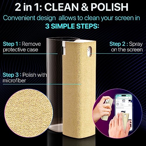 IO CLEAN Mini Screen Cleaner Spray – Finger Proof Screen Cleaner for Smartphones, iPads, MacBooks, Laptops, Car Screens, Touchscreens – 3 in1 Mist Cleaner, Microfiber Cloth and Protective Cover (Blue)