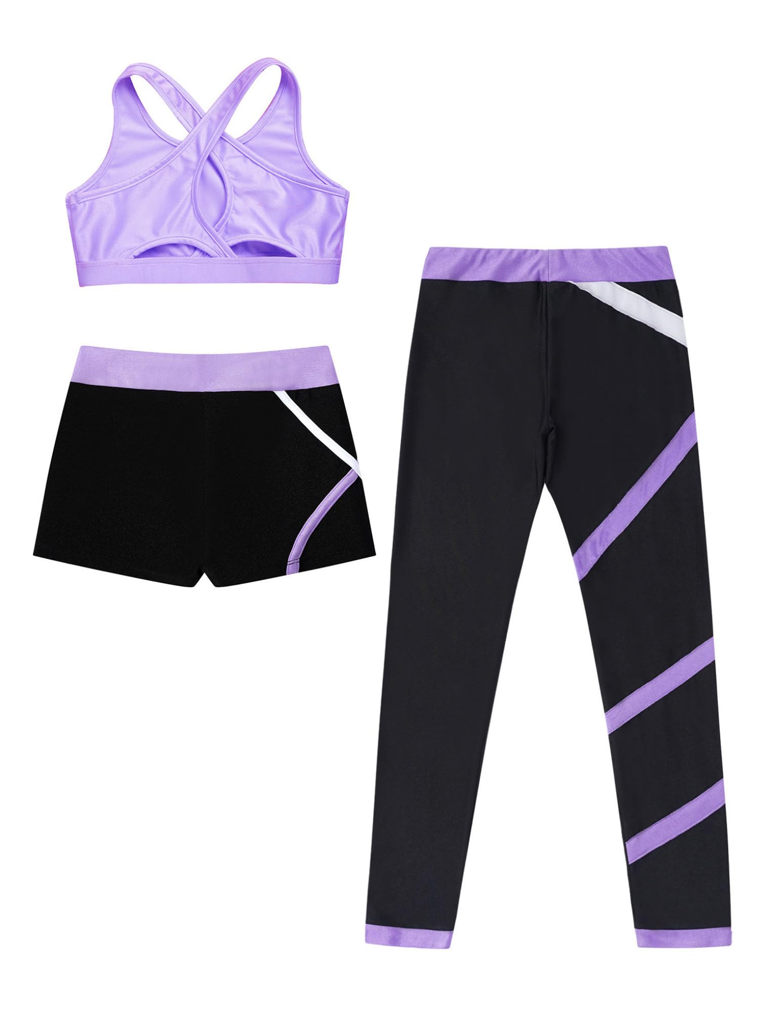 Hansber Kids Girla Dance Outfits Crop Top with Shorts Leggings 3 Pieces Outfits for Gymnastics Yoga Dancing Lavender 14 Years
