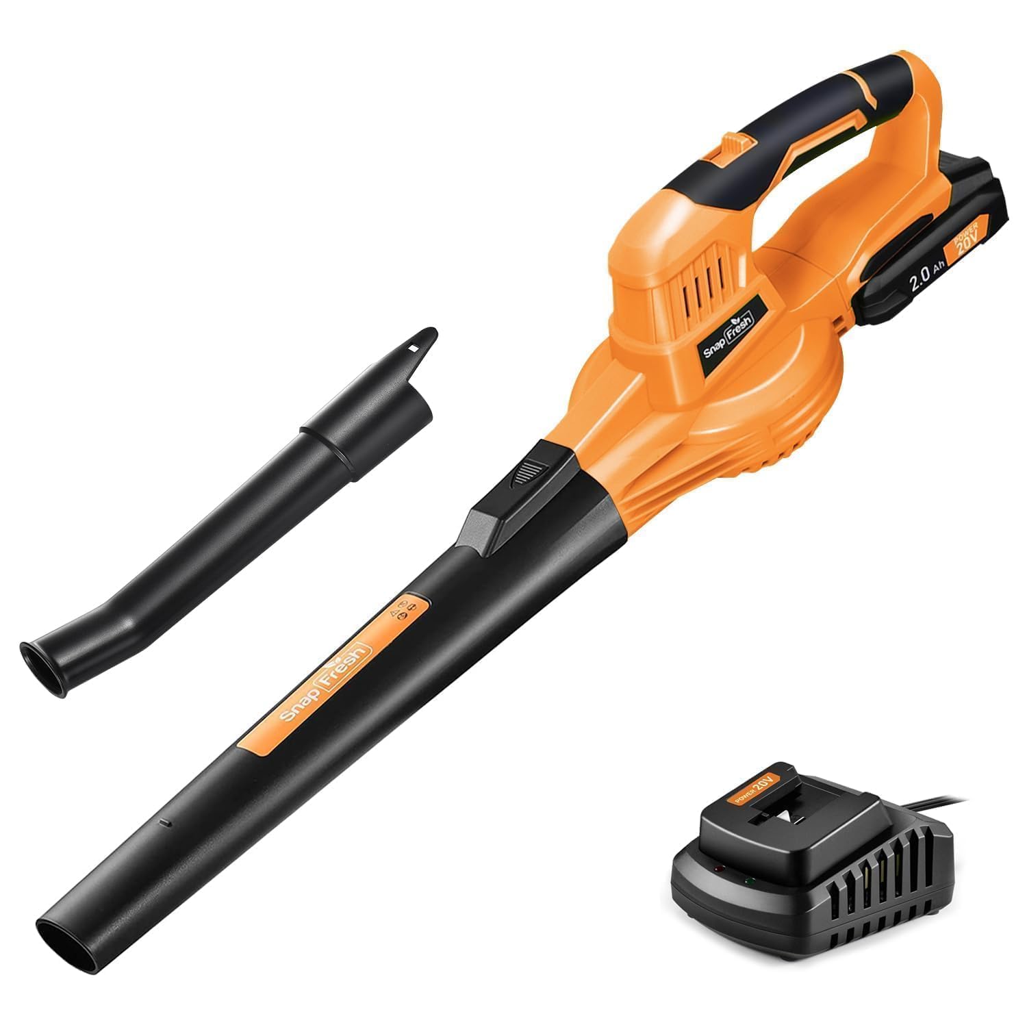SnapFresh Cordless Leaf Blower - 20V Electric Leaf Blower with 2.0 Ah Battery and Charger - Lightweight 2-Speed Leaf Blower for Lawn Care and Yard/Garden/Patio Cleaning (Orange)