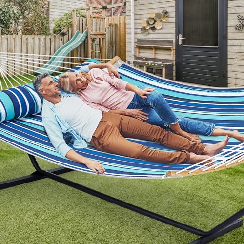 Touchat Double Hammock with Stand Heavy Duty, 480 LB Capacity Two Person Portable Hammock with Pillow, Curved-Bar, Portable Storage Bag, Anti-Rollover Design for Outside & Indoor