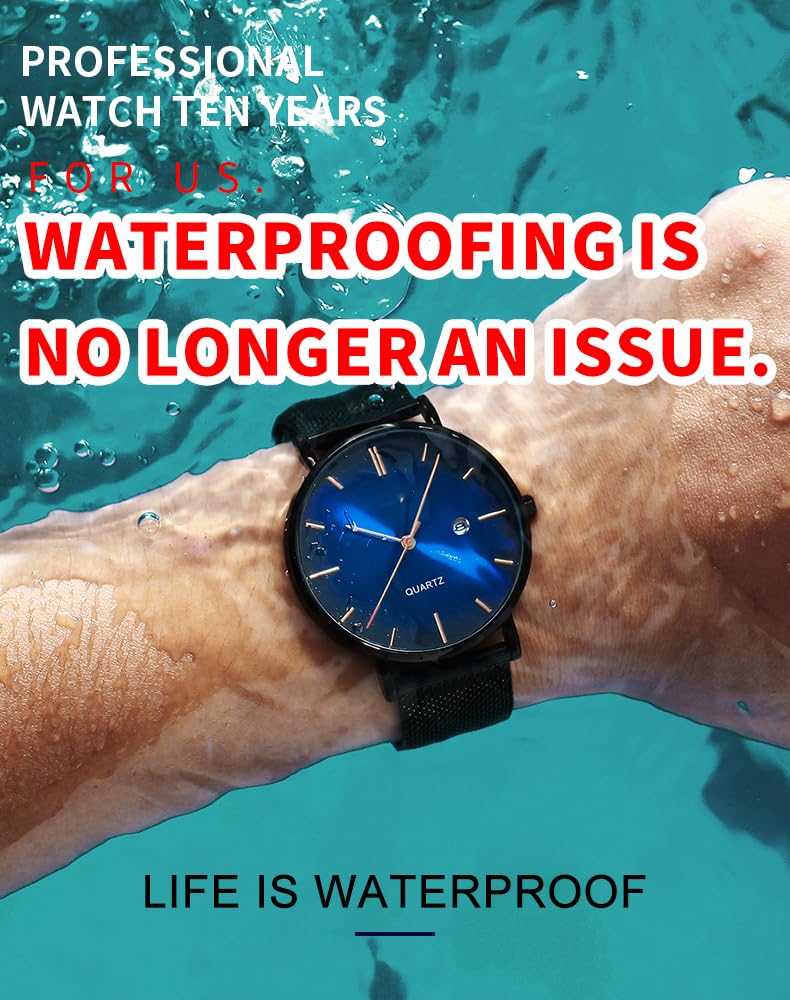 Men's Fashion Minimalist Wrist Watch Waterproof Watches Simple Ultra Thin Watches Analog Quartz Date with Stainless Steel Mesh Band (Rose Gold)