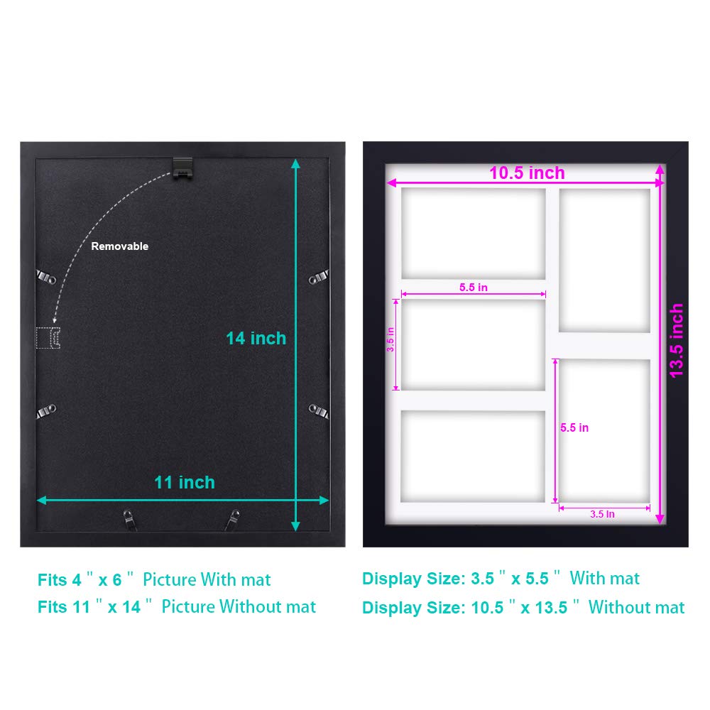 RPJC 11x14 Picture Frames Collage - Display 5 Pcs 4x6 inch photos with Mat Made of Solid Wood and Glass Cover