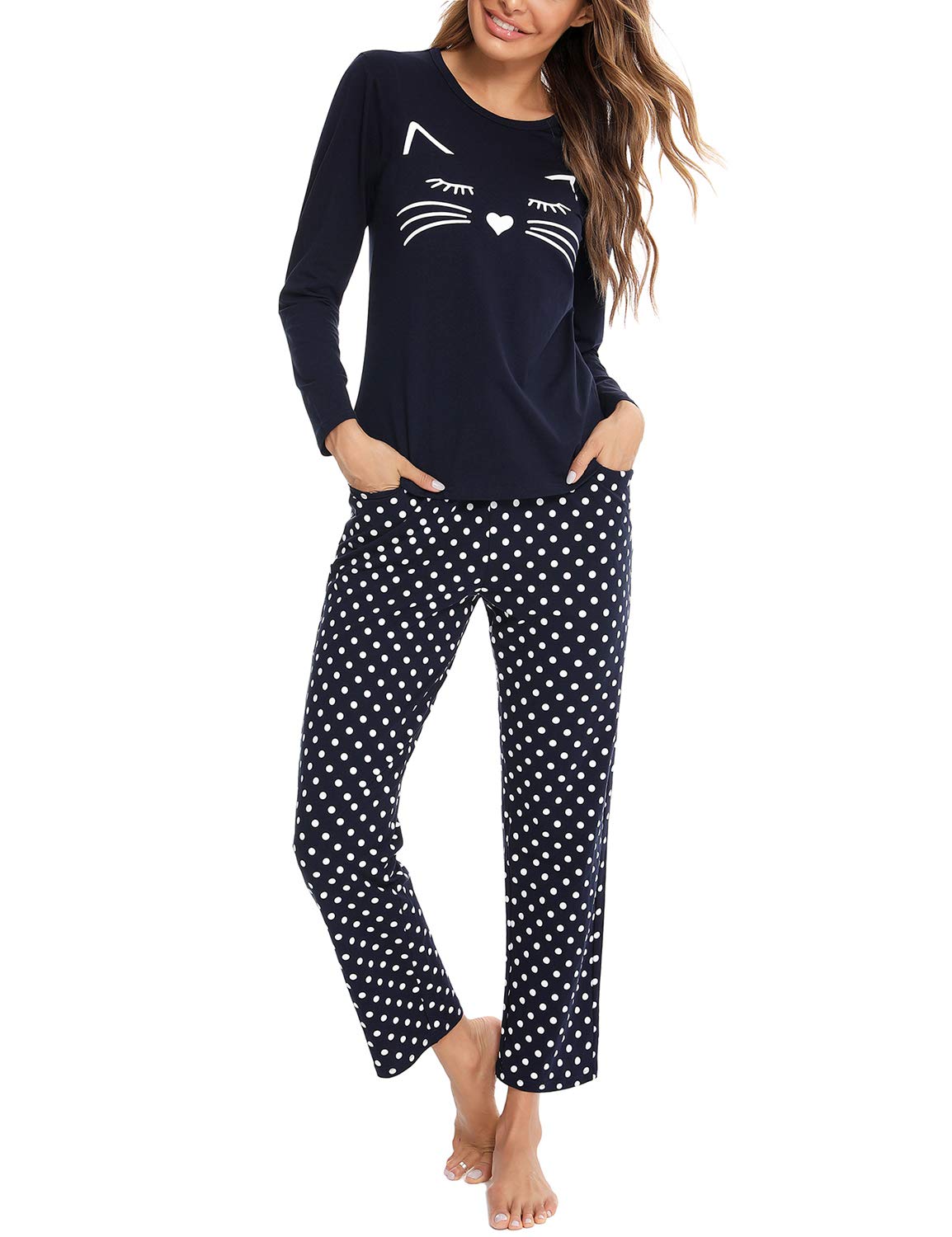 EISHOPEER Women's Long Sleeve Cat Print Top and Polka Dot Pants Sleepwear Pajama Set Navy Blue XS
