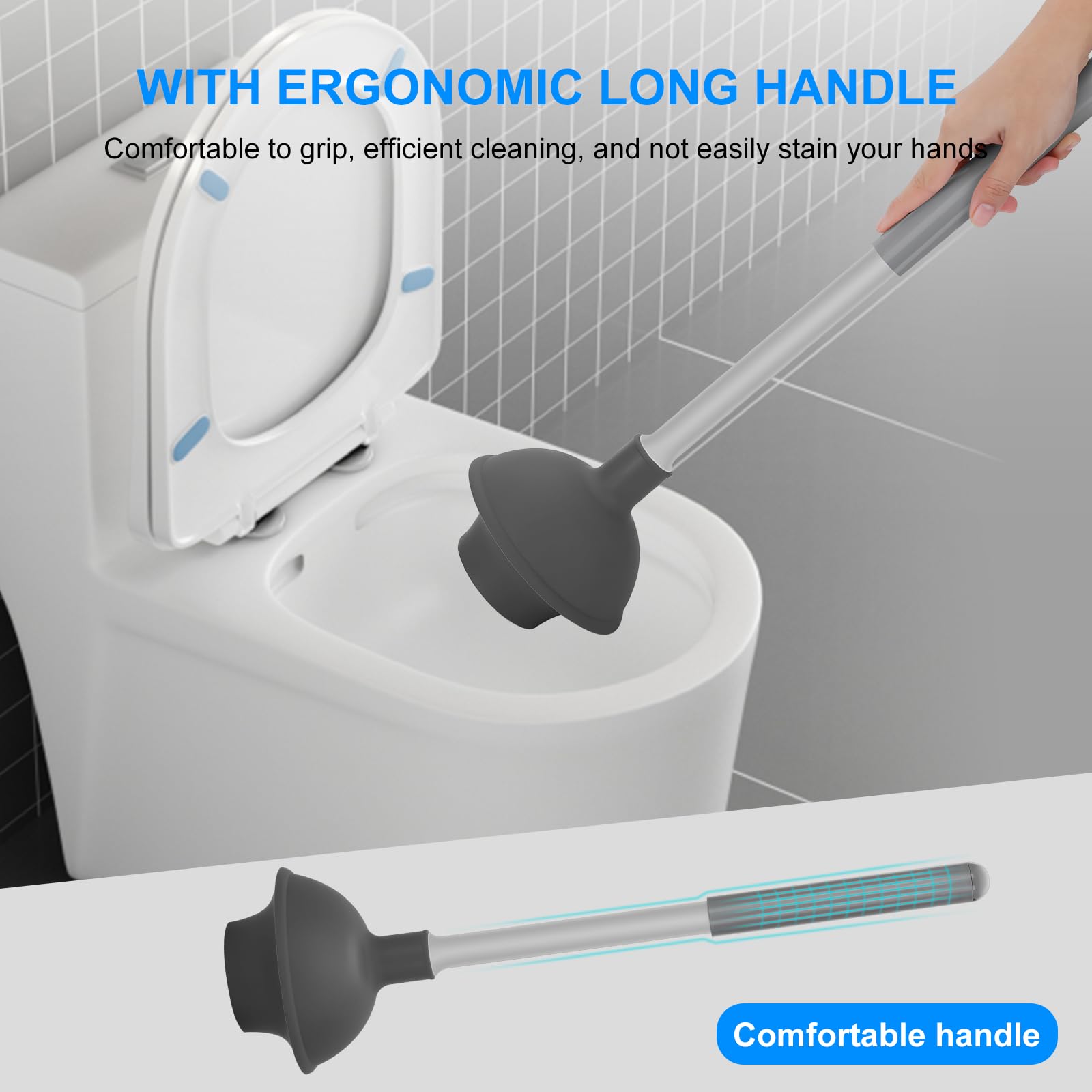 SetSail Toilet Brush and Plunger Set, 3 Pack Toilet Plungers for Bathroom Heavy Duty Toilet Bowl Brush and Holder Hidden Toilet Plunger and Brush Set for Deeply Cleaning - White & Grey