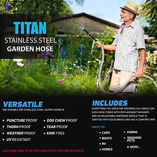 TITAN Garden Hose 9FT - 304 Stainless Steel Metal Water Hose, Flexible, Kink-Free, Lightweight, Durable, Crush Resistant Fittings, Easy to Coil, 500 PSI