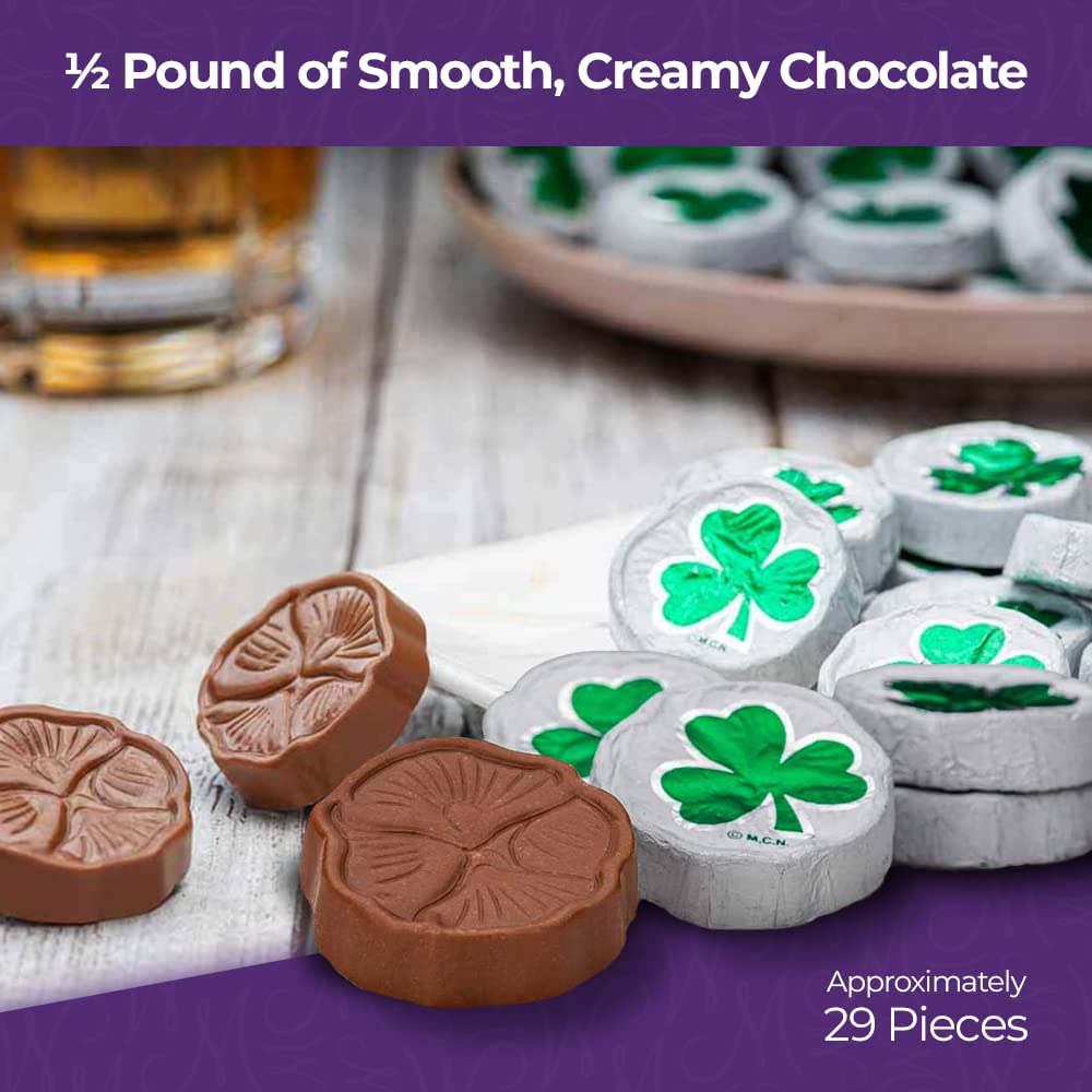 Madelaine St. Patrick's Day Solid Premium Milk Chocolate Shamrocks - ½ LB Bag Individually Wrapped Chocolate Pieces in Matte White Foil with Green Shamrock - St. Patrick's Day Treats for Everyone