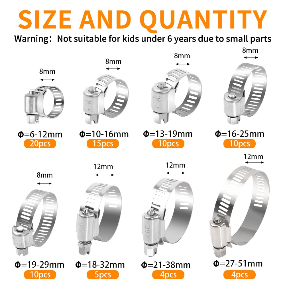 HongWay 78 Pack Hose Clamp Assortment Kit, Adjustable Range 1/4-2in(6-51mm), 304 Stainless Steel Hose Clamps with 2pcs Socket Wrench, for Plumbing, Automotive and Mechanical Application