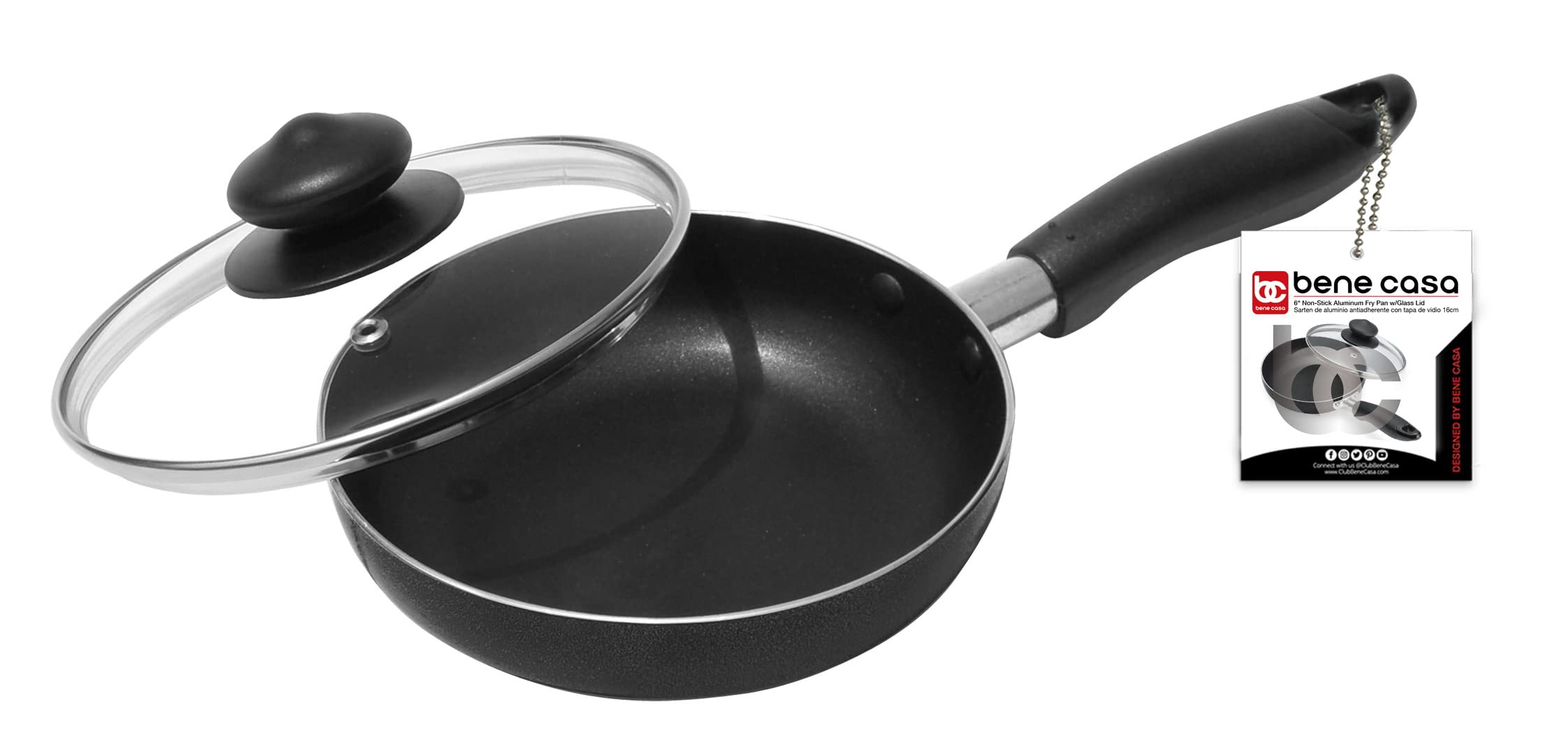 Bene Casa - Black Nonstick Aluminum Frying Pan with Glass Lid (6") - Dishwasher Safe for Easy Cleaning