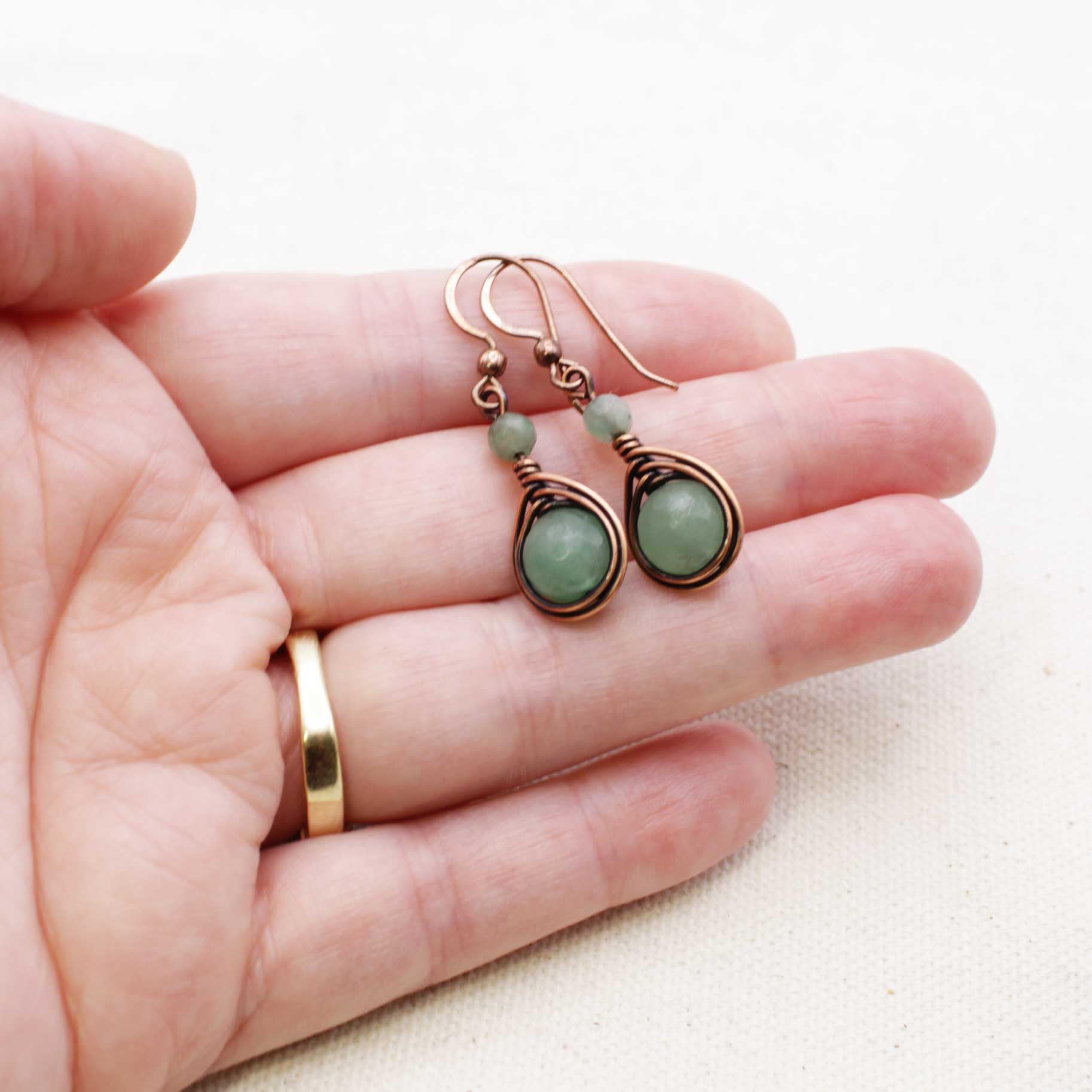 Pillar of Salt Studio Handcrafted Solid Copper Earrings with Green Aventurine Gemstone (Antiqued Copper, 1" drop)