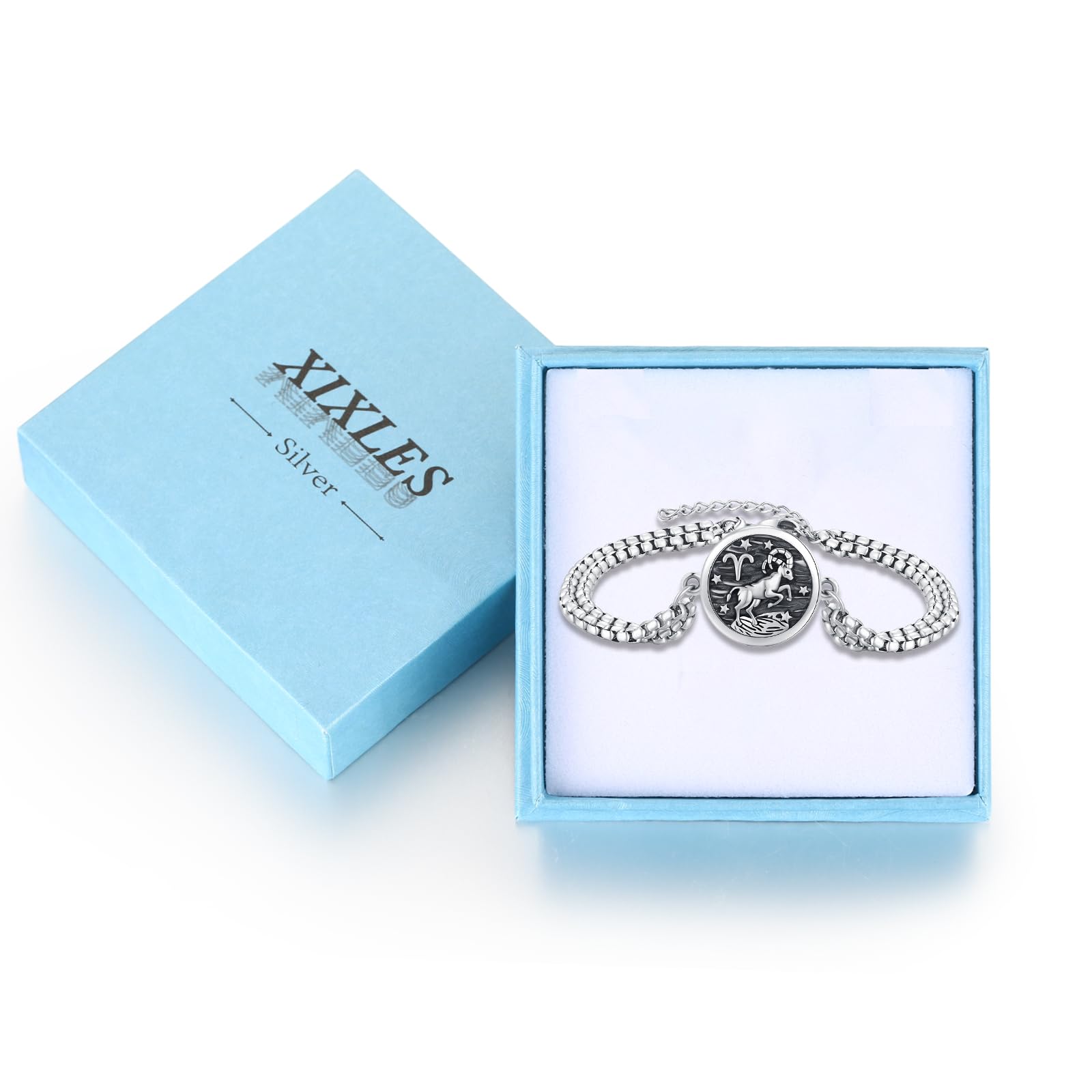 XIXLES Aries Zodiac Jewelry 925 Sterling Silver Aries Constellation Medal Bracelet,Fashion Retro Astrology Horoscope Sign Adjustable Bracelet, Aries Birthday Jewelry Graduation Gifts for Women Mom