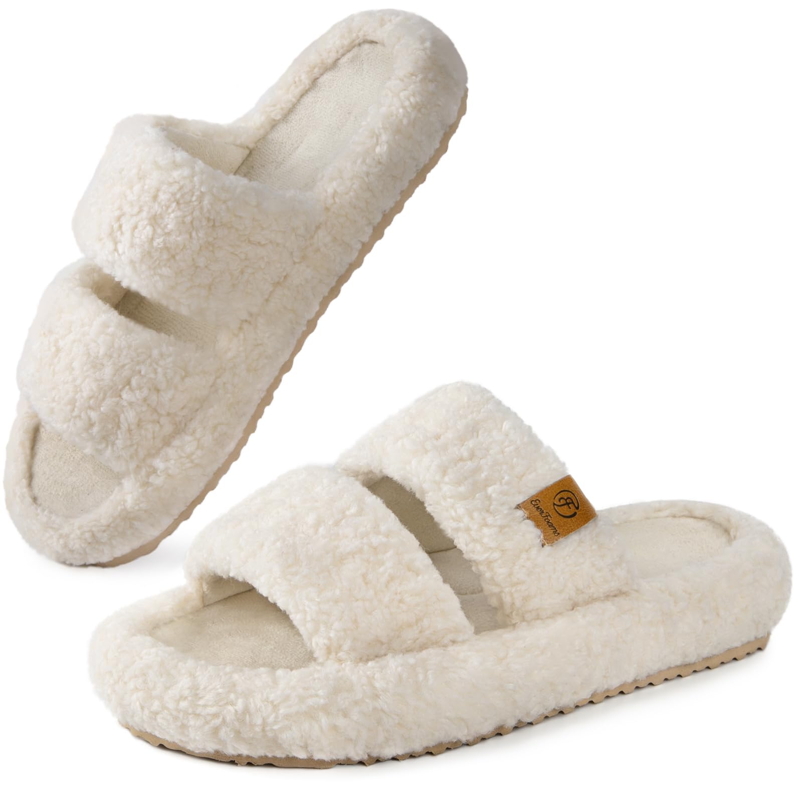 EverFoams Womens Fuzzy Open-toe Slippers Soft Comfy Memory Foam Indoor House Shoes Vanilla Ice,9-10 US
