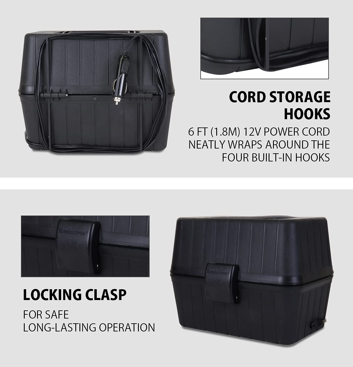 Koolatron 12V Heating Lunch Box Stove, 1.6 Qt (1.5 L), Black, 6 ft (1.8m) Power Cord, Heats to 300F (149C), Built-In Cord Storage, Classic Construction Worker Lunchbox, for Car, SUV, Pickup Truck