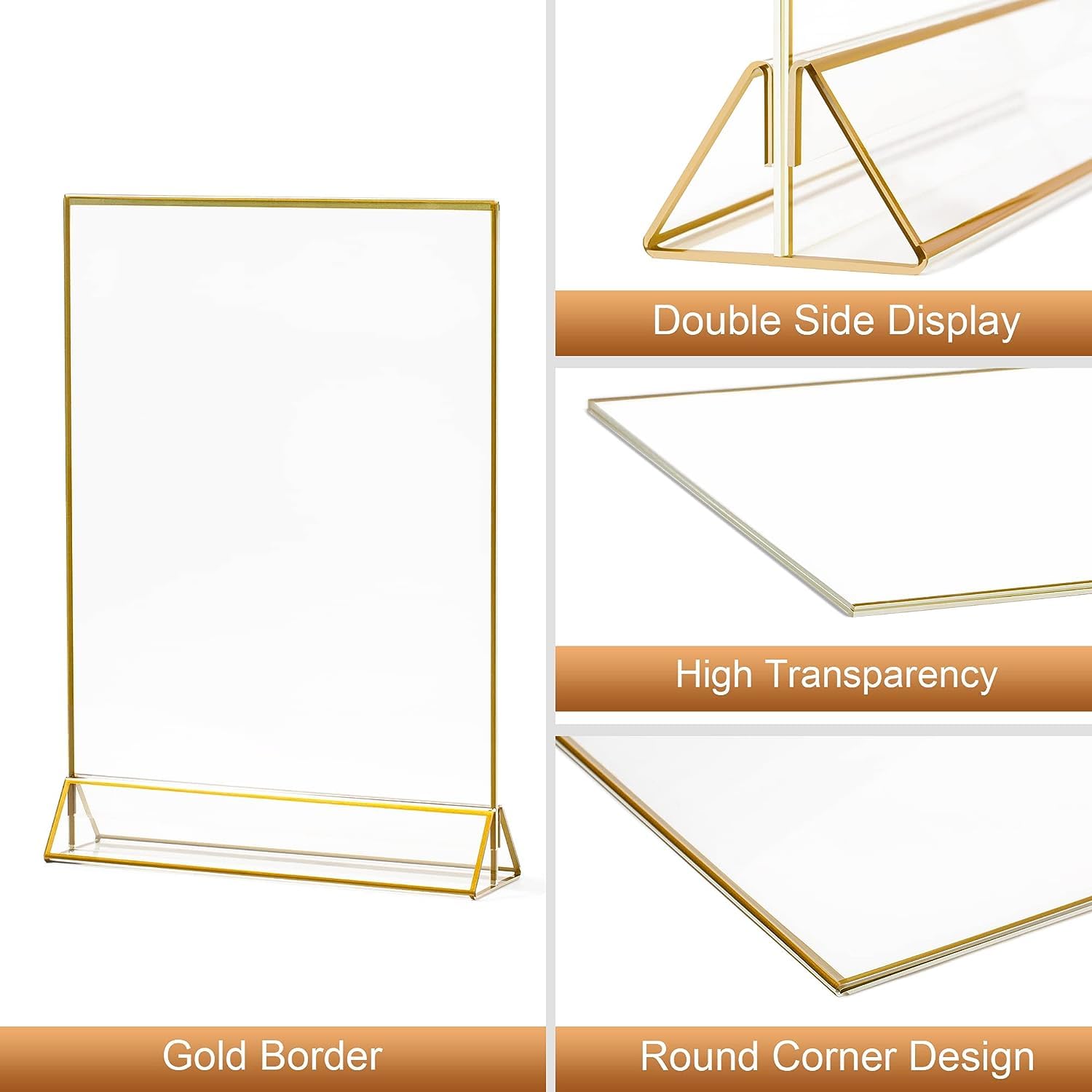 VORIOB Acrylic Sign Holder 5X7 Gold Frames,Clear Sign Holder,Table Sign Holder for Wedding Table Numbers Art Display 4Pack