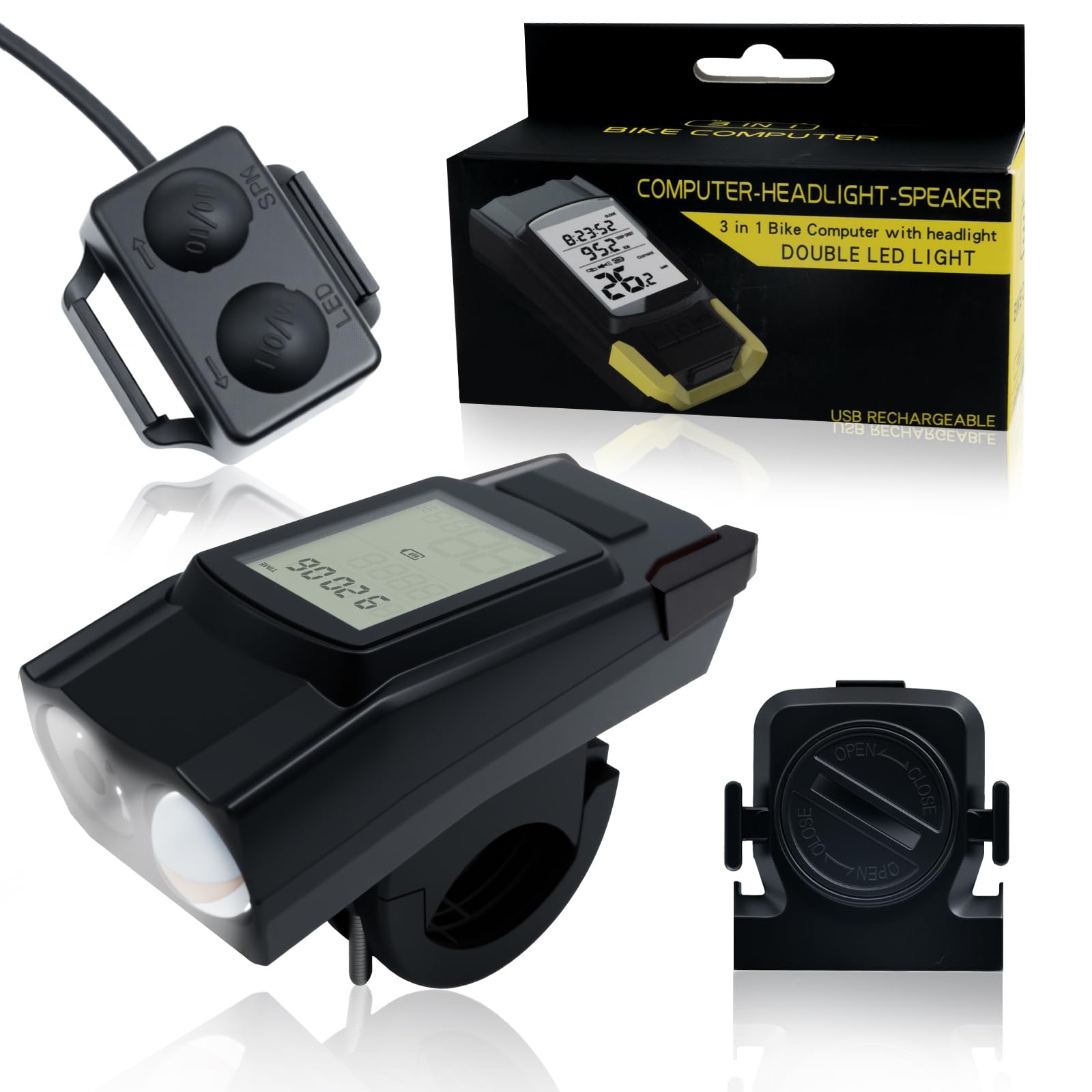 Bike Lights, Bicycle Light with Bike Computer Set,USB Rechargeable IPX4 Waterproof, Front LED Lights with Smart Battery Display & Horn Sounds, Integrated Speedometer & Odometer (Black)