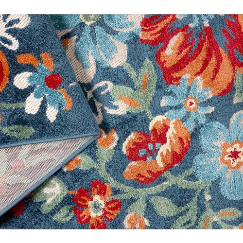 TOWN & COUNTRY EVERYDAY Hibiscus Bloom Modern Floral Indoor Outdoor Area Rug, UV Fade Resistant, High-Low Pile, Blue/Red/Beige, 3'11"x5'2"