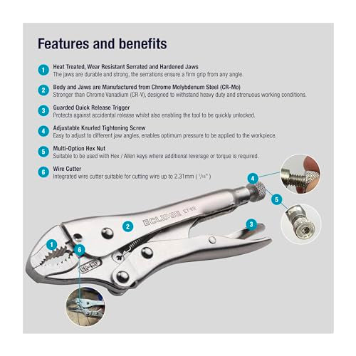 Eclipse Professional Tools E5WR 5 Inch Curved Jaw Locking Pliers with Wire Cutters (5" / 125mm)
