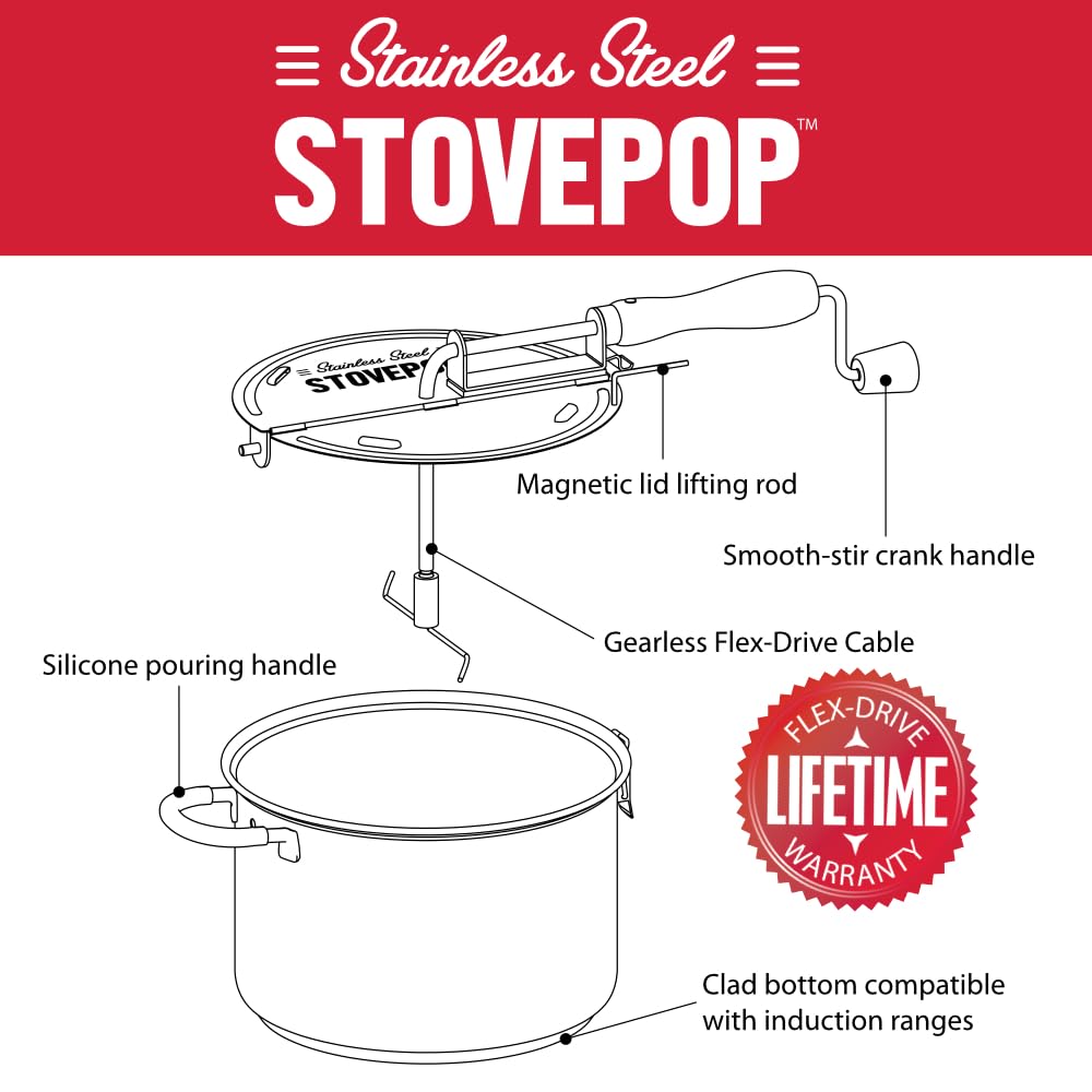 StovePop Stainless Steel Popcorn Popper - Gearless Hand Crank, Magnetic Lid, 6 Qt - Induction Range Compatible