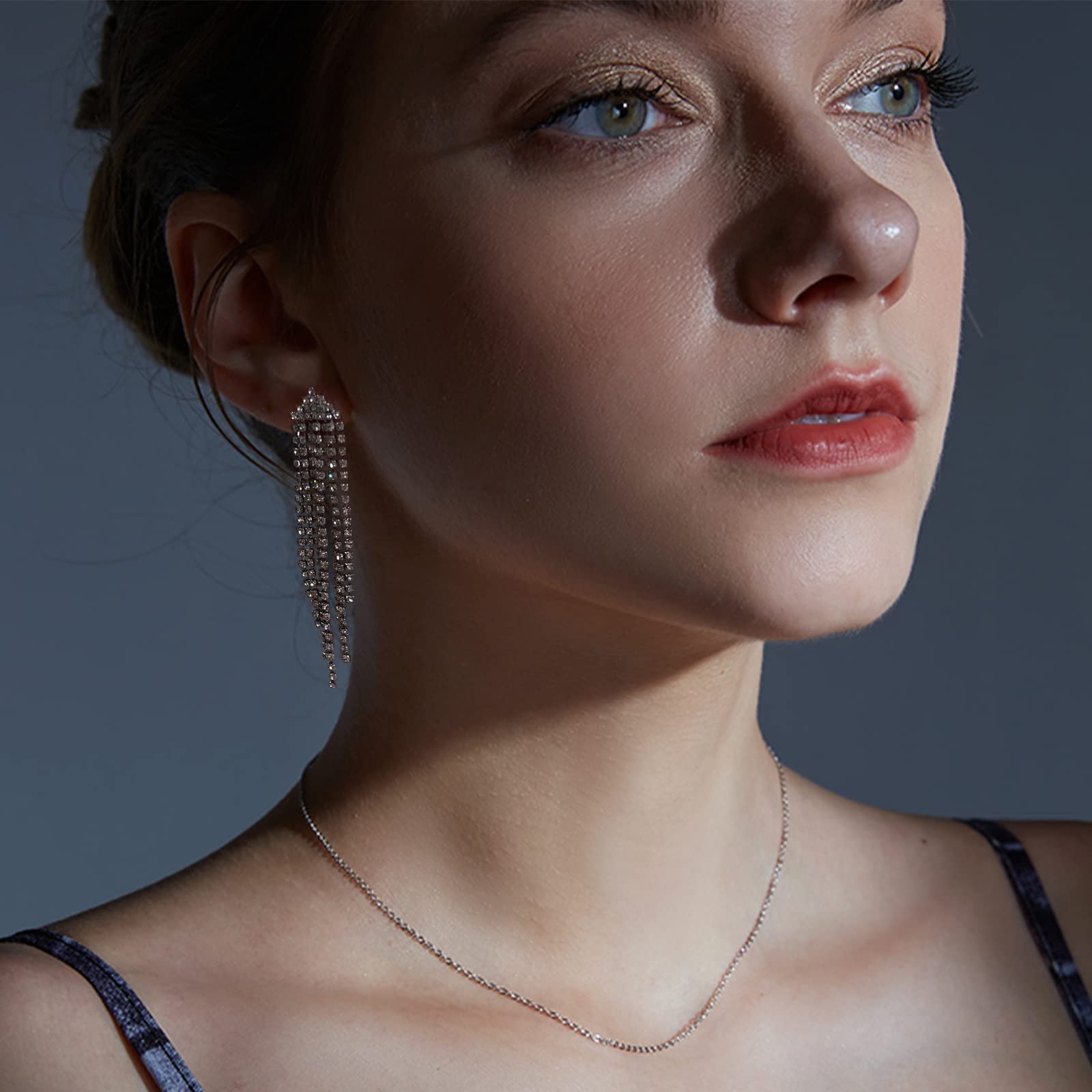 Luxval Rhinestone Earrings Dangling for Women Sparkly Silver Dangle Earrings Girls Long Chandelier Earrings Tassel Lightweight Ear Studs Cubic Zirconia Crystal Statement