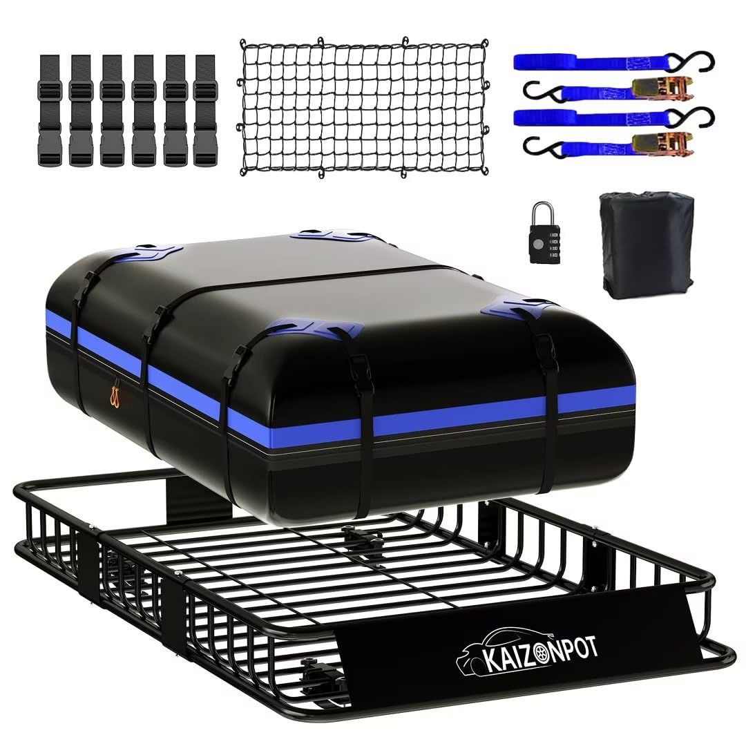 KAIZONPOT 64"x 39"x 6" Roof Basket with 15 Cu.Ft. Waterproof Bag, 250LB Cap Heavy Duty Roof Rack Cargo Basket, Universal Rooftop Cargo Carrier with Cargo Net, Ratchet Straps for Luggage Holder