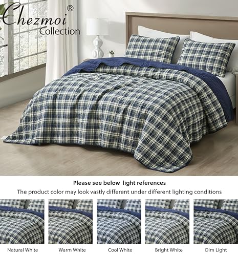 Chezmoi Collection Chad 2-Piece Printed Plaid Cotton Quilt Set Twin Size - Blue Green Light Beige Plaid - Stone Washed Cotton Breathable Lightweight Bedspread Set
