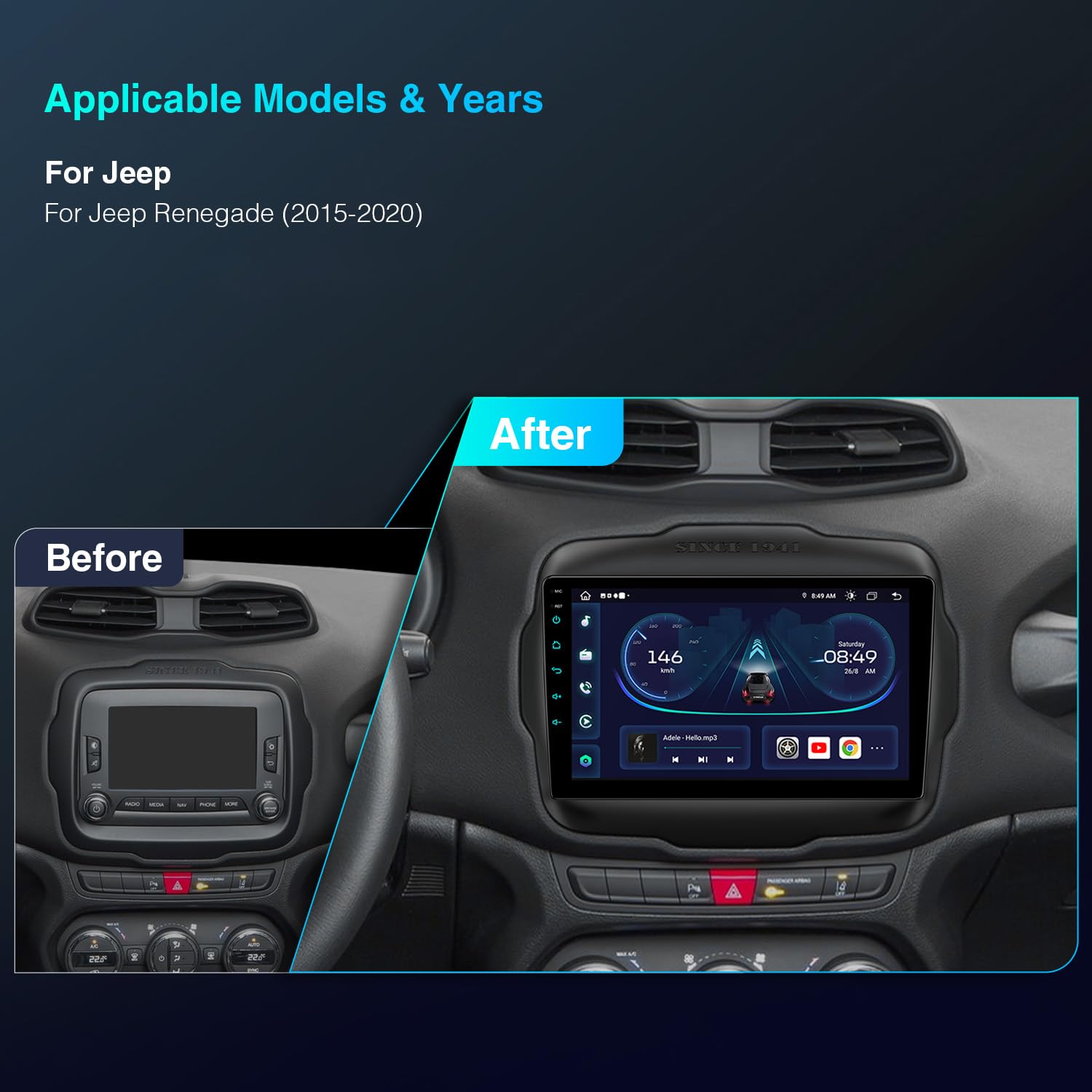 XTRONS Android 13 Car Stereo for Jeep Renegade, 9 Inch Touch Screen GPS Navigation Bluetooth Head Unit Built-in DSP Car Auto Play Support 4G LTE OBD2 DVR TPMS Backup Camera